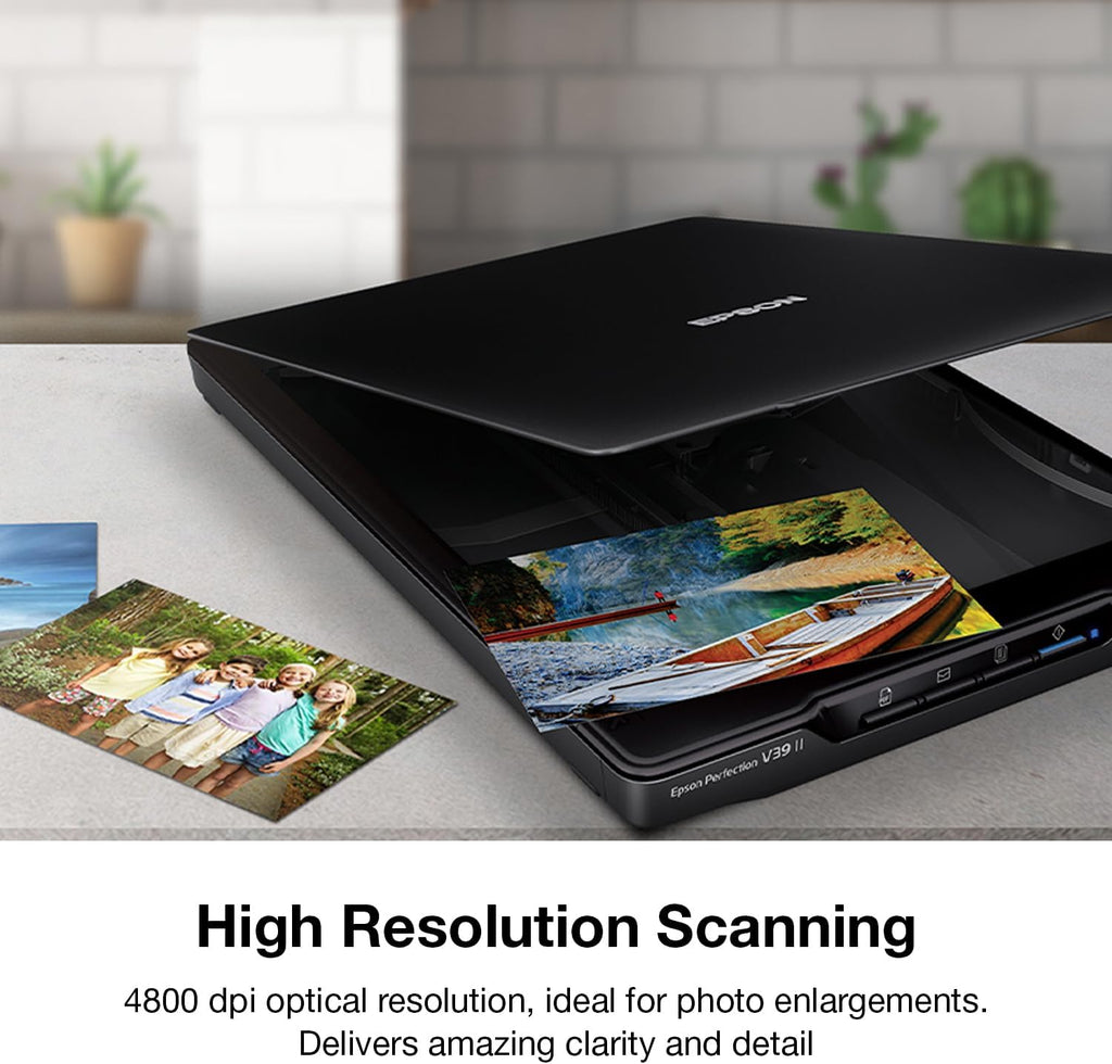 Epson Perfection V39 II Color Photo and Document Flatbed Scanner with 4800 dpi Optical Resolution Image Scanning, High-Rise Removable Lid, Scan to Cloud and USB Power, Black