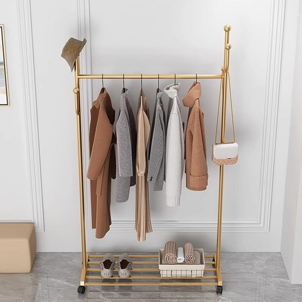Heavy Duty Coat Rack, Garment Rack Modern Golden Clothing Rack On Wheel, Freestanding Metal Coat Rack with Hooks and Shelves, Space-Saving Coats Hanger Stand for Hanging Clothes (100X33X170CM)