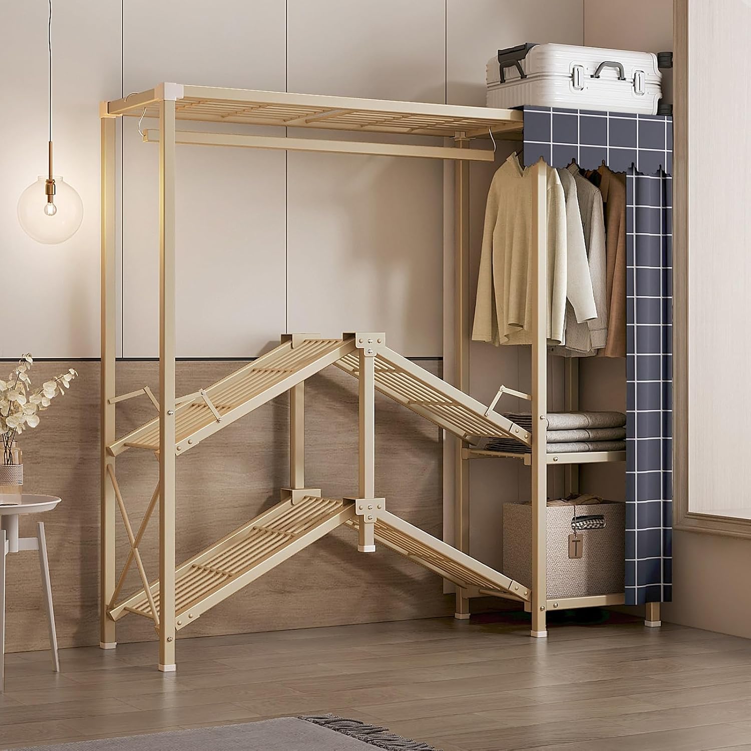 Portable Clothes Rack with Cover Freestanding Wardrobe Closet for Bedroom Metal Clothing Rack with Hanging Rod and 5 STO