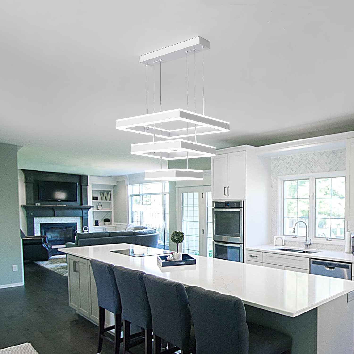 O'NEELDY Modern LED Chandeliers White Square Rings Pendant Light Fixture with Hanging Cord Flush Mount Square Modern Chandeliers for Kitchen Island Dining Room