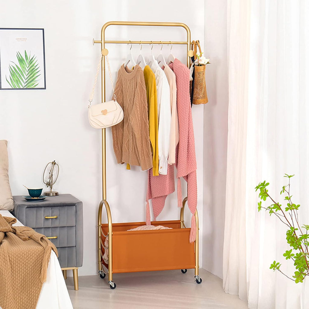 Heavy Duty Coat Rack, Garment Rack Gold Metal Clothing Rack for Hanging Clothes with 7 Hooks, Freestanding Rolling Coat Rack with PU Storage Basket, Clothes Organizer Storage On Wheels