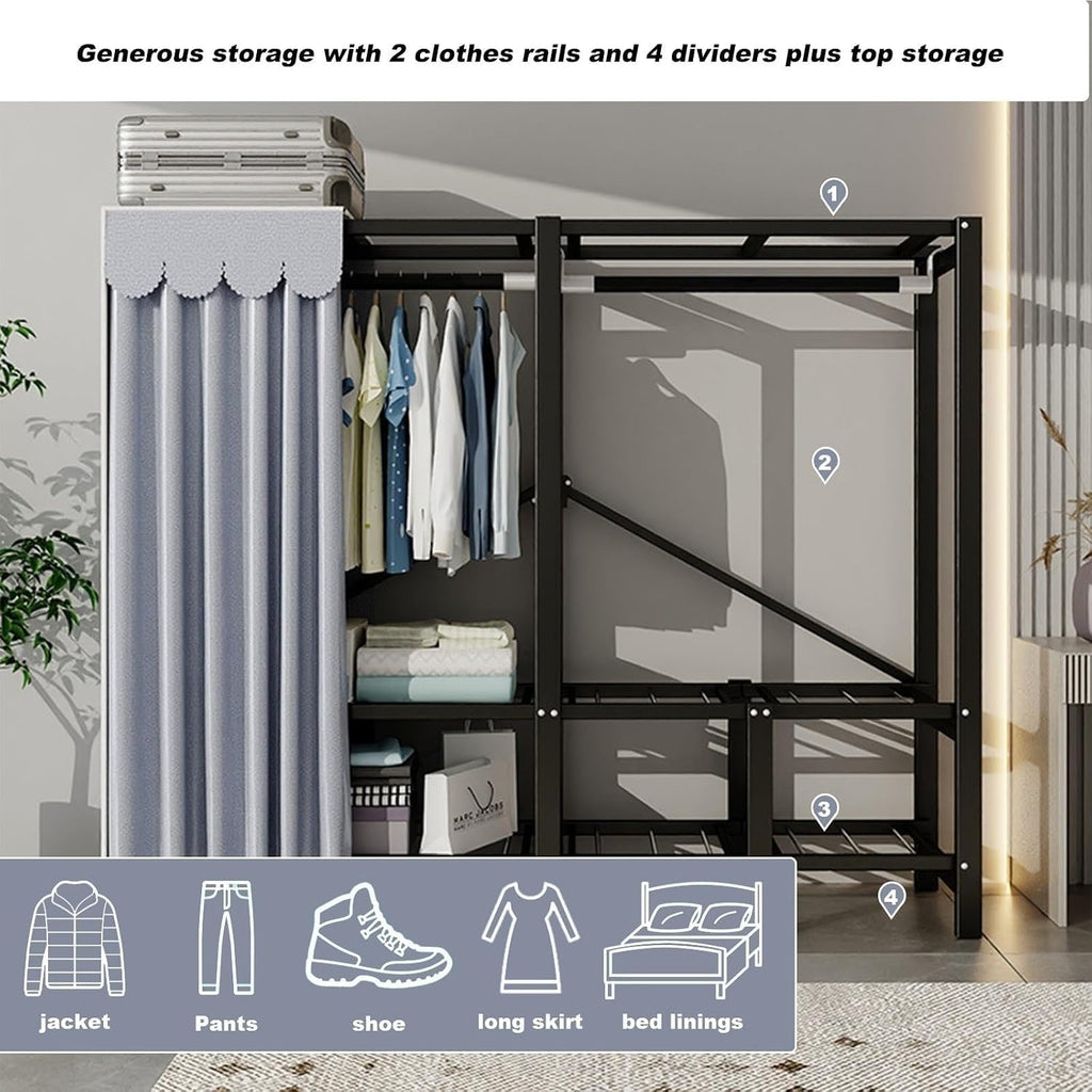 THEGA Portable Wardrobe Closet Rack - Heavy-Duty Foldable Garment Rack with Cover, 1100lbs Freestanding Clothes Organizer System,Enclosed Curtain Armoires for Hanging Clothes for Bedroom(150cm/59in)