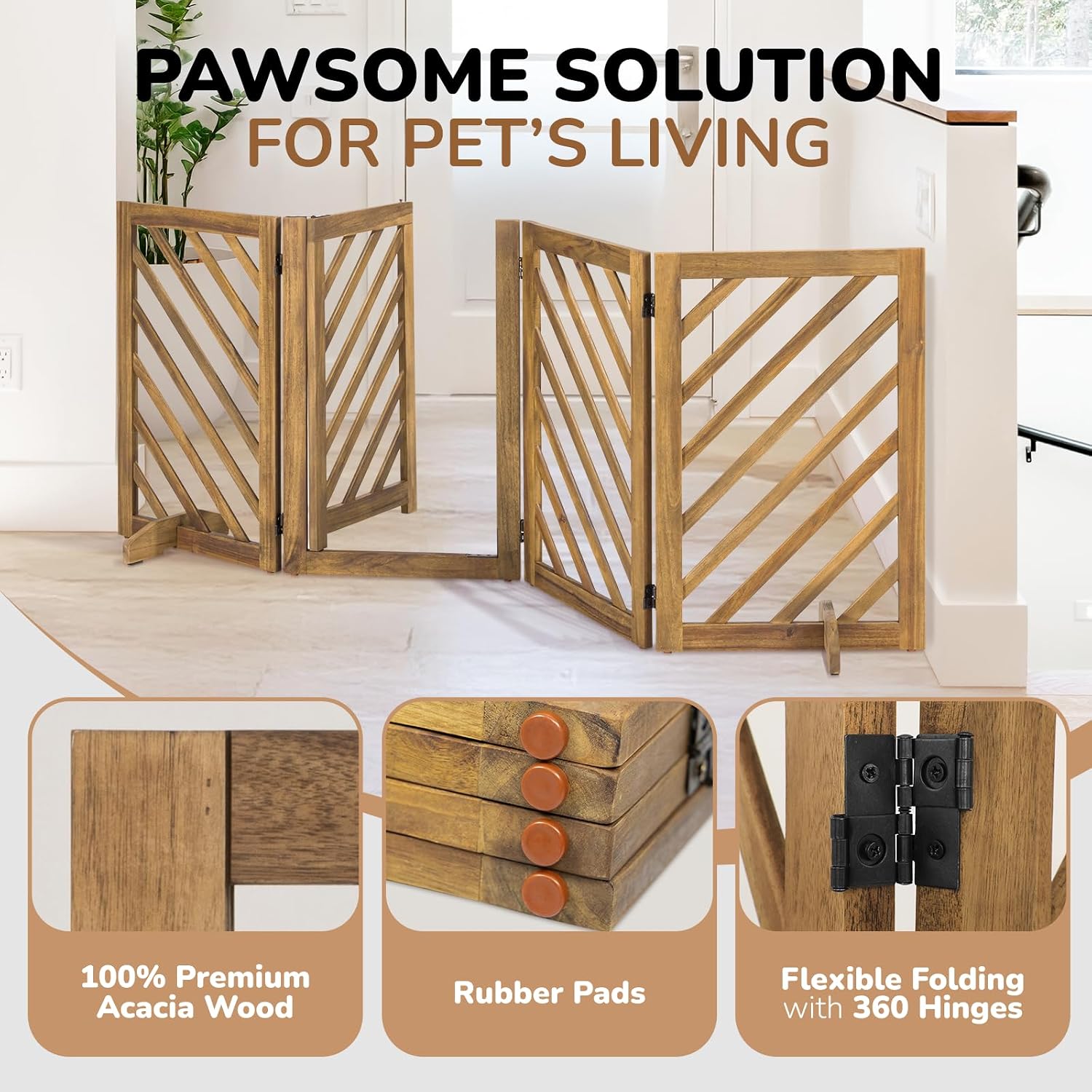dCee Solid Acacia Wood Dog Gate, Freestanding Walk-Through Pet Gate, 81' 4-Panel Foldable Wooden Dog Gates with Door & 2 Support Legs for Doorways, Kitchen, Hall, Stairs, Indoor & Outdoor
