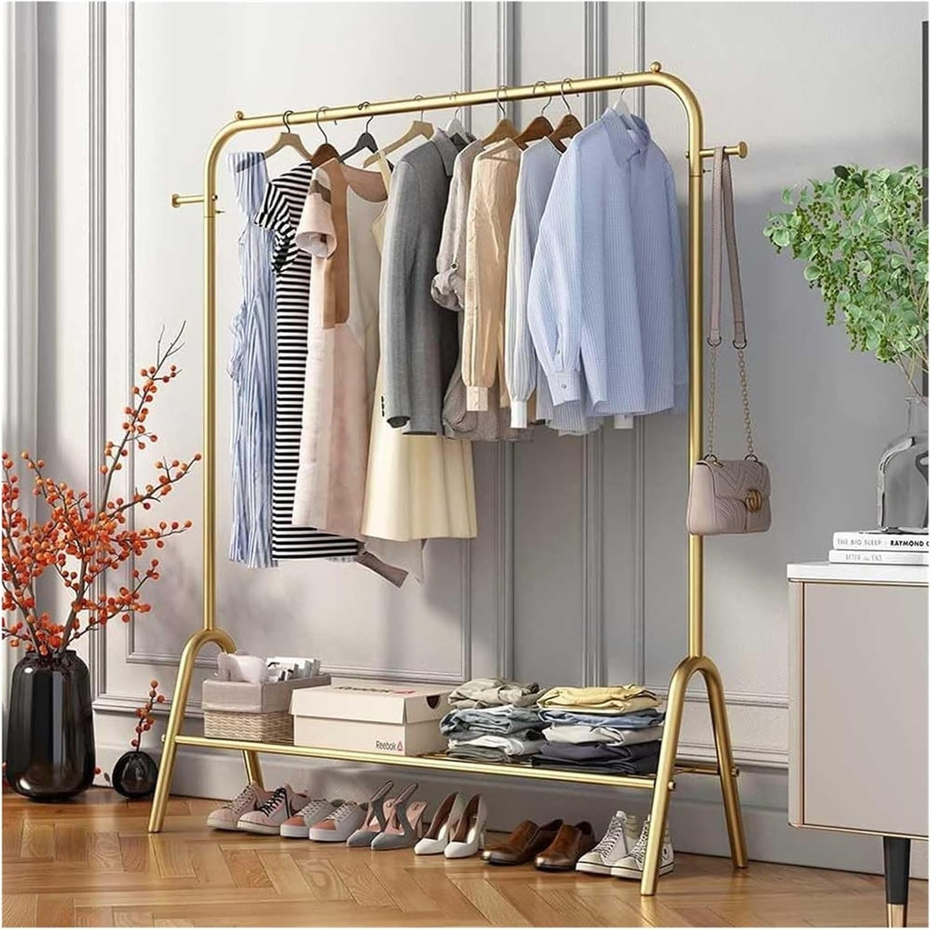 Metal Clothing Rack, Heavy Duty Clothes Organizer Storage with Shelves Clothing Hanger Rack Garment Rack Wardrobe Rack for Coats, Shirts, Dress(Gold,100x33x147cm)