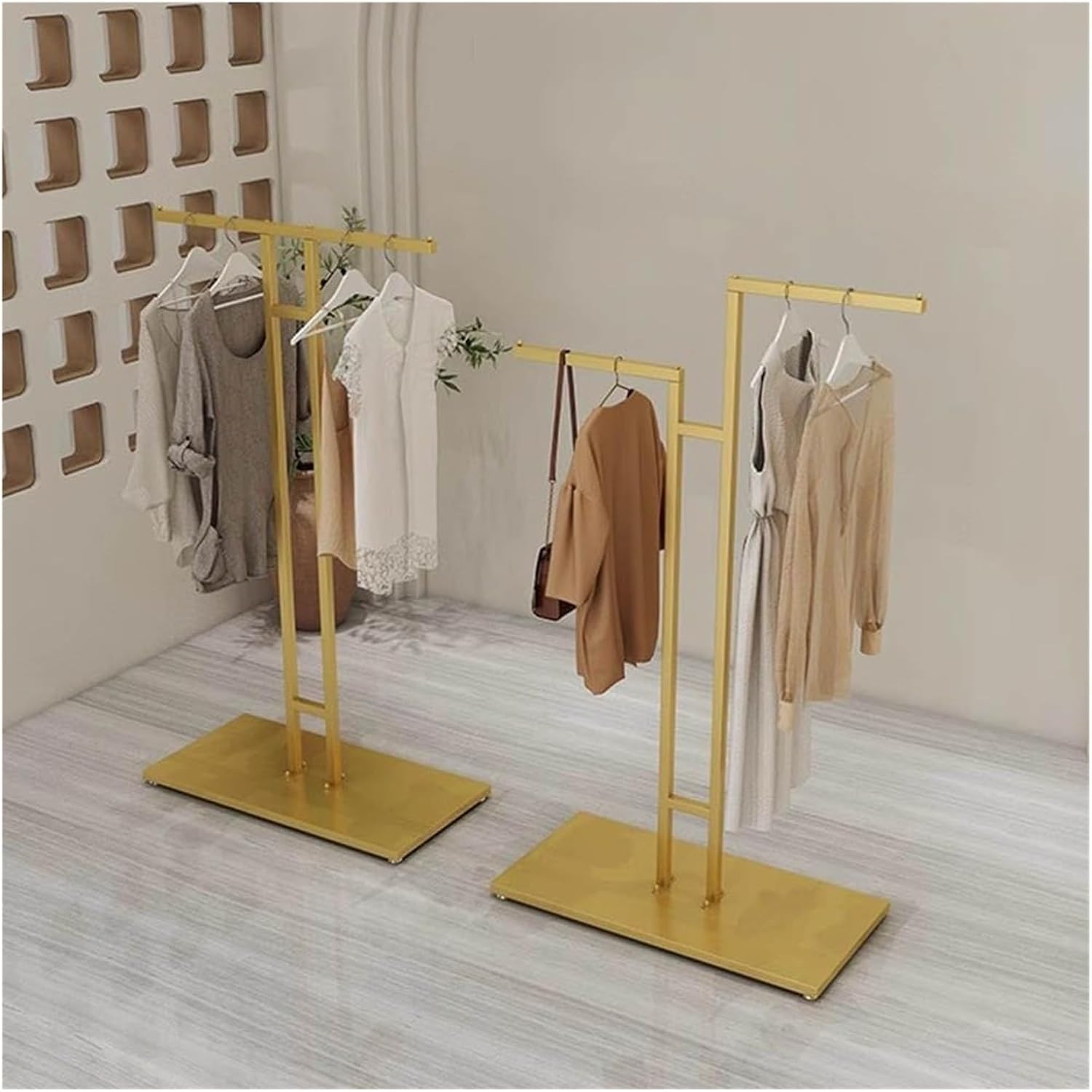 Clothes Rail Garment Rack Garment Rack T-Shaped Hanging Rod Set of 2, Clothing Retail Store Display Stands Freestanding Metal Garment Racks 2-Way Suit Shirt Clothing Ra, Gold-2PCS