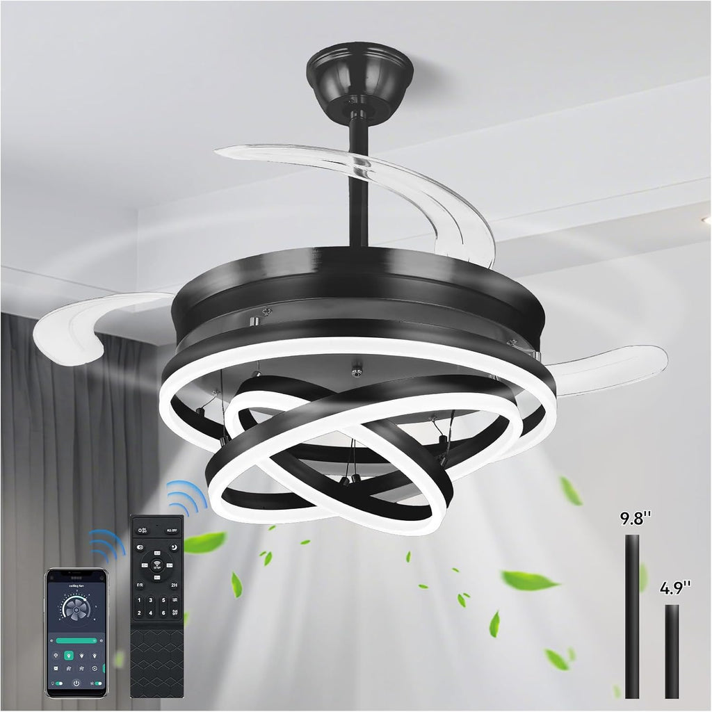 Retractable Ceiling Fans with Lights, 42' Fandelier Ceiling Fan with Light and Remote, Reversible, 3 CCT, Dimmable, Modern Chandelier Ceiling Fan for Bedroom, Living Room, Dining Room (Black)