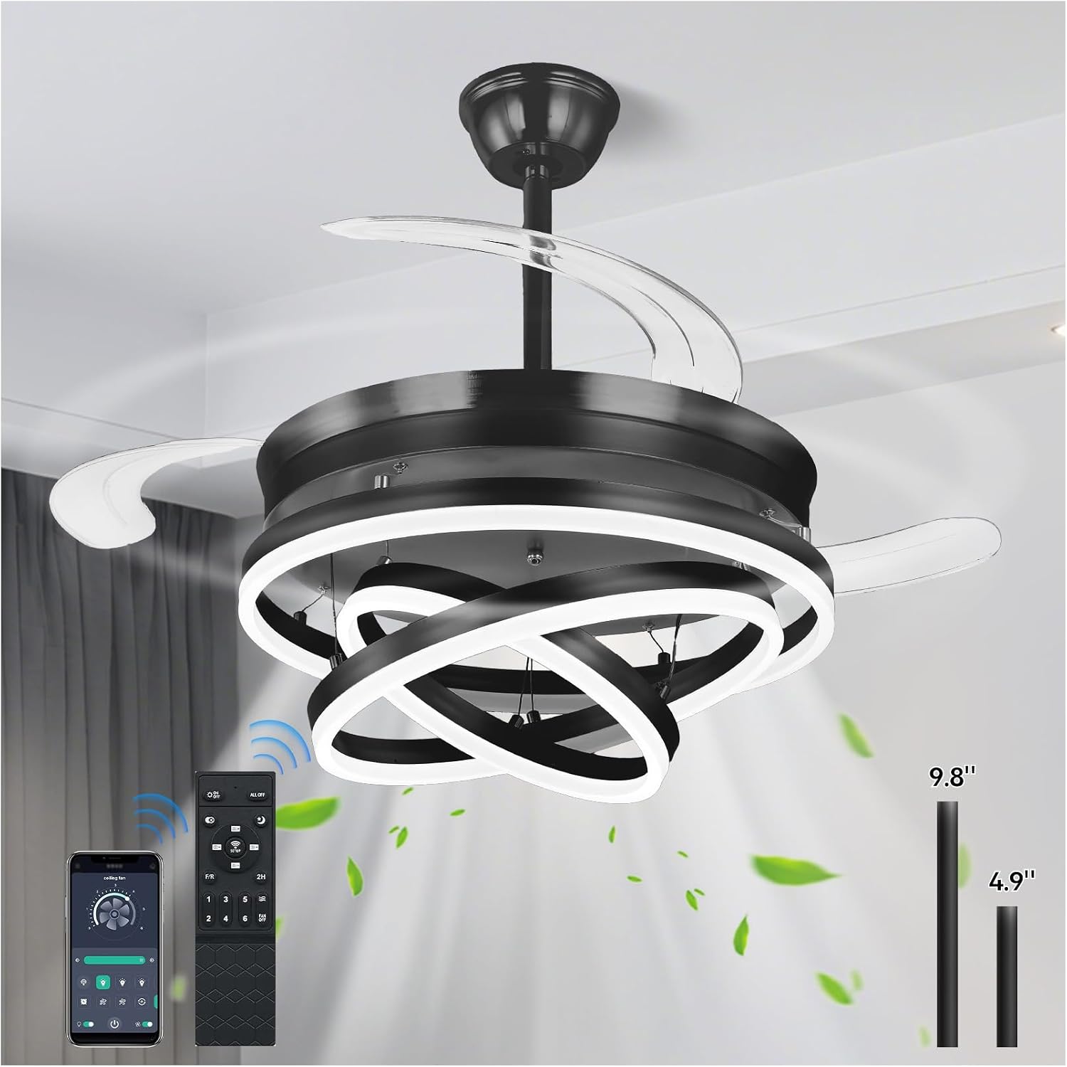 Retractable Ceiling Fans with Lights, 42' Fandelier Ceiling Fan with Light and Remote, Reversible, 3 CCT, Dimmable, Modern Chandelier Ceiling Fan for Bedroom, Living Room, Dining Room (Black)