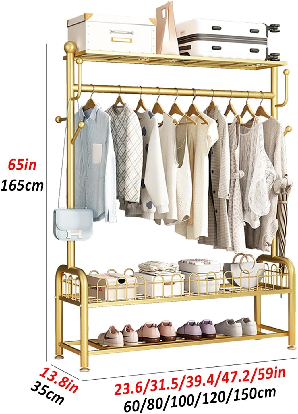 Clothes Rack, Metal Clothing Racks, Mobile Garment Rack With Storage Shelves, Freestanding Clothing Organizer, For Hanging Clothes Coats Skirts Shirts Sweaters(Gold,80cm/31.5in)