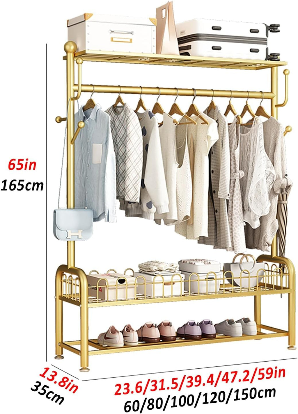 Clothes Rack, Metal Clothing Racks, Mobile Garment Rack With Storage Shelves, Freestanding Clothing Organizer, For Hanging Clothes Coats Skirts Shirts Sweaters(Gold,60cm/23.6in)
