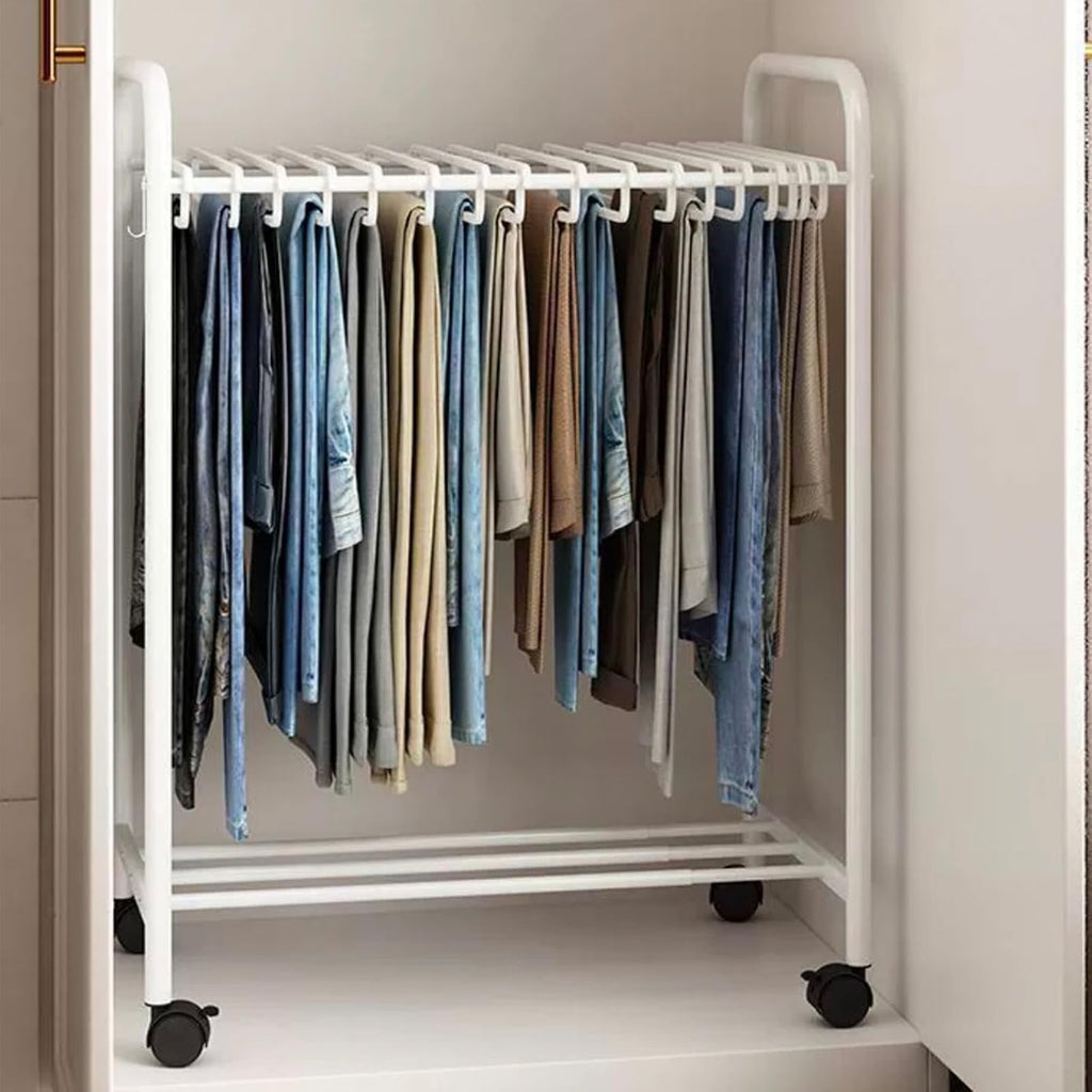 Freestanding Garment Rack with Casters, 3-Tier Trouser Hanger Storage, Movable Clothes Rack for Bedroom, Multifunctional Slacks Organizer, Stylish White Design
