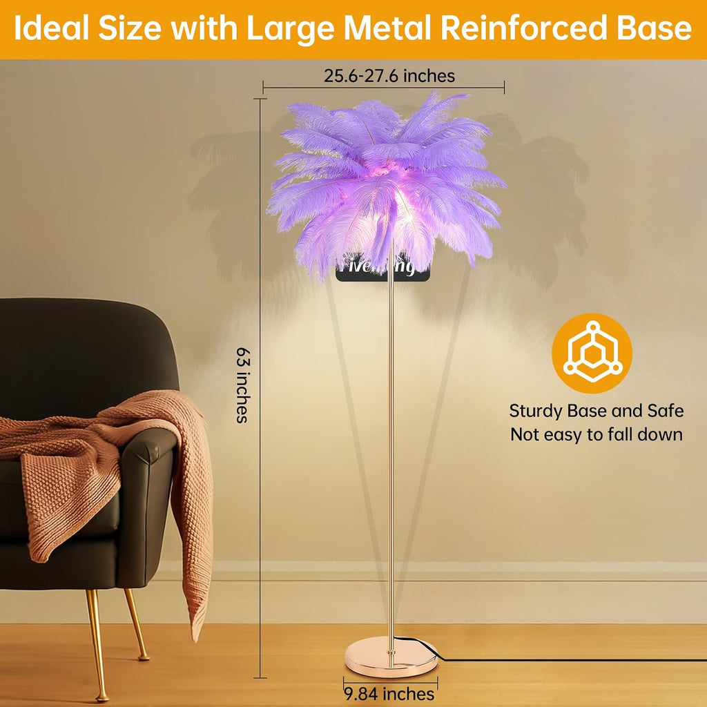 Feather Floor Lamp for Living Room, Fluffy Ostrich Feathers Lamp, Rose Gold Color Body, 3 Color Temperatures Modern Funky Tall Standing Lamp for Bedroom Inclued LED Bulbs (Light Purple)