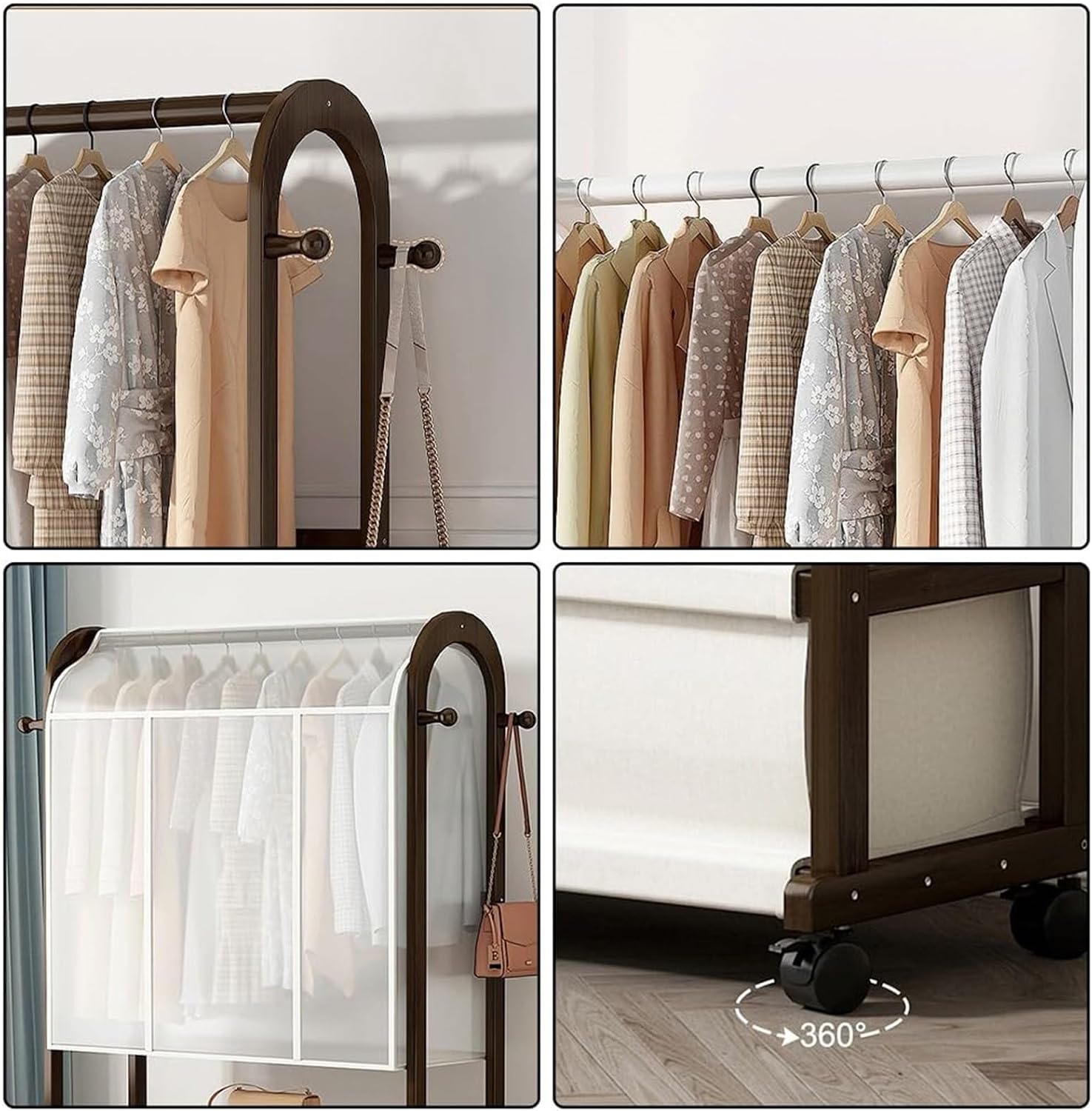 Bamboo Clothes Rails, Garment Rack On Wheels, Free Standing Garment Hanging Rails，with 1 Storage Bag with Dust Cover，for Dress, Pants, Shoes, for Bedroom Home Office(B,(50X32X165CM))