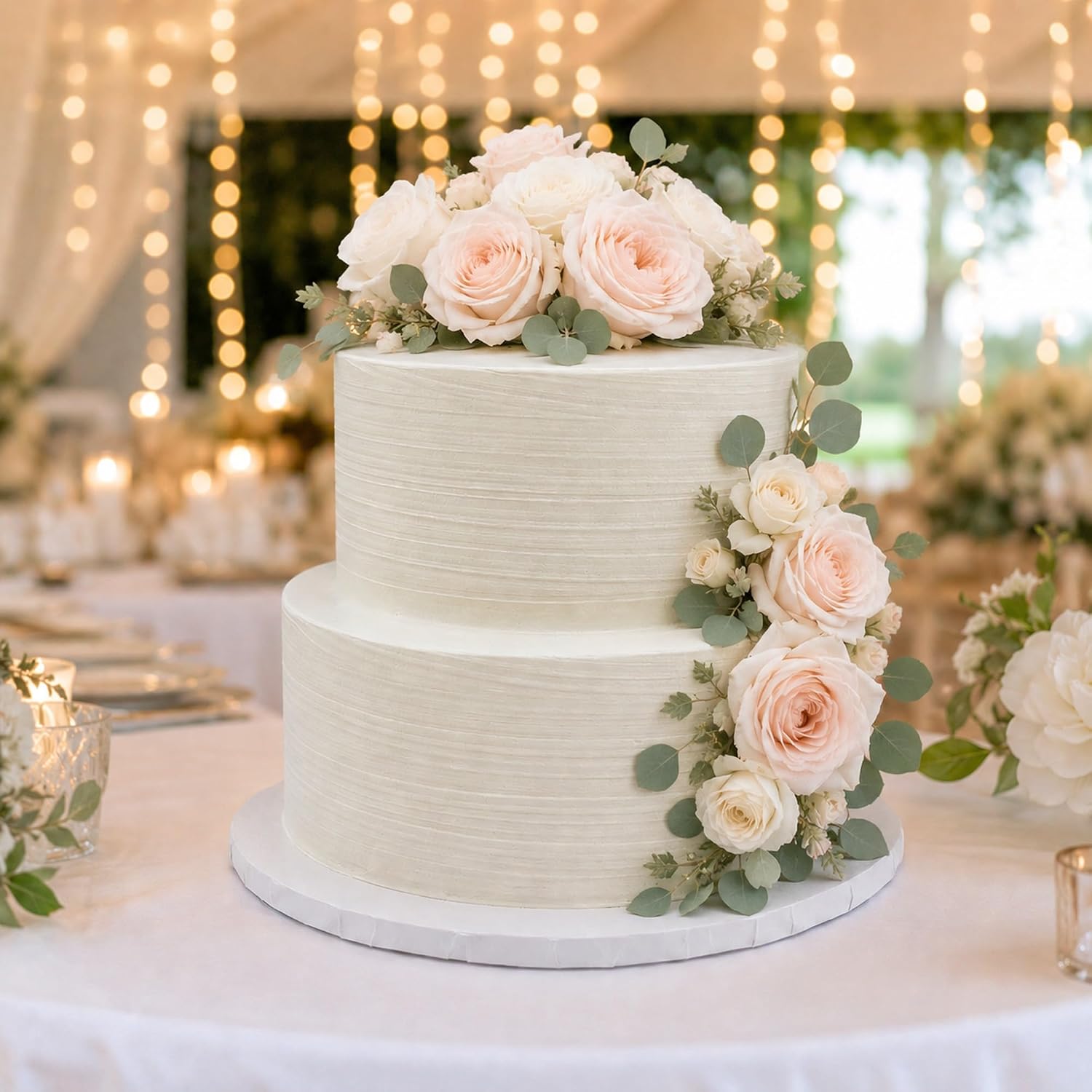 FromJennWithLove 2 Tier Fake Wedding Cake, Brushed Texture Finish, 8' Tall Handcrafted Ivory Display Cake – 4-Day Artisan Process, Made in USA – Reusable for Weddings