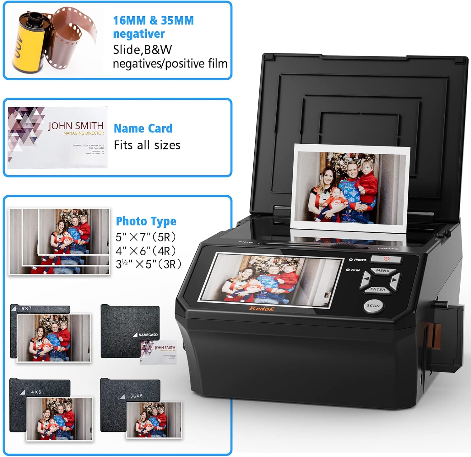 KEDOK Photo,NameCard,Slide & Negative Scanner with Large 5' LCD Screen,Film and Slide Digitizer-Convert 35mm,110 Film/Photo(3R,4R,5R)/NameCard to 22MP Digital JPEG-8GB SD Card Included