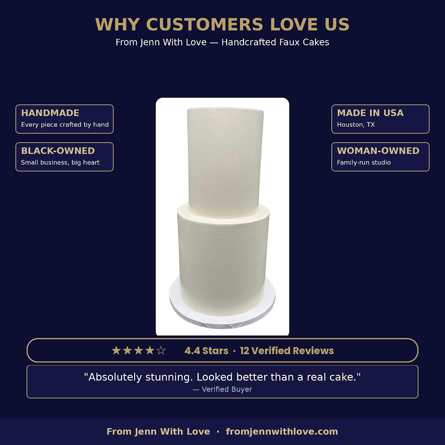 FromJennWithLove 2 Tier Fake Wedding Cake, 16' Tall Handcrafted Ivory Display Cake – 4-Day Artisan Process, Made in USA – Reusable Centerpiece for Weddings & Special Events