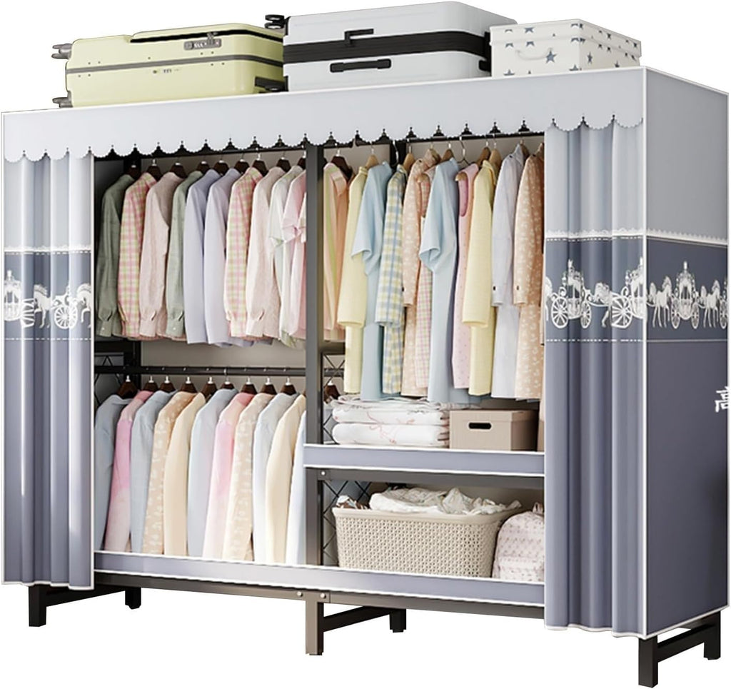 Heavy Duty Rolling Garment Rack With Cover, Foldable Clothing Rack, Portable Freestanding Closets Wardrobe , Metal Armoires, Foldable Portable Closet Wardrobe Rack, Portable Closet With Cover ( Color