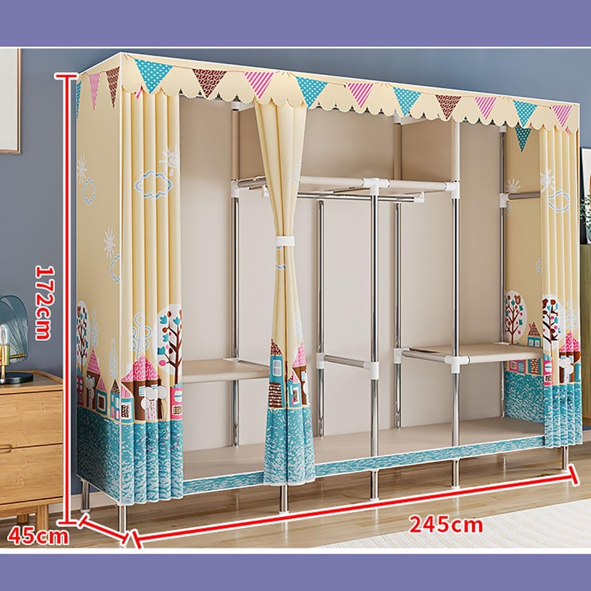 Free Standing Heavy Duty Wardrobe Closet for Bedroom 3 Tiers Garment Racks with Cover Metal Large Clothing Rack for Hanging Clothes (Color : Blue-2, Size : 245x45x172cm)