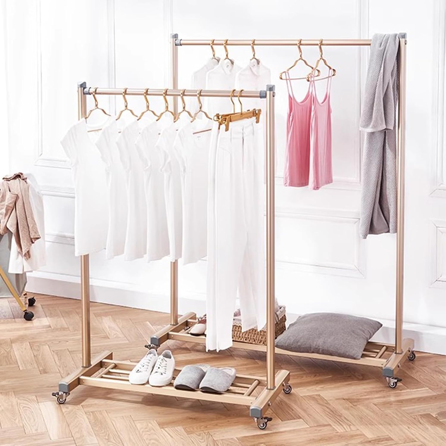 Heavy Duty Garment Rack Single Rail Clothing Rack On Wheels Aluminum Alloy Clothes Rail with Shelves Freestanding Coat Rack for Bedroom and Laundry Room Portable (Gold 90X45X157CM)