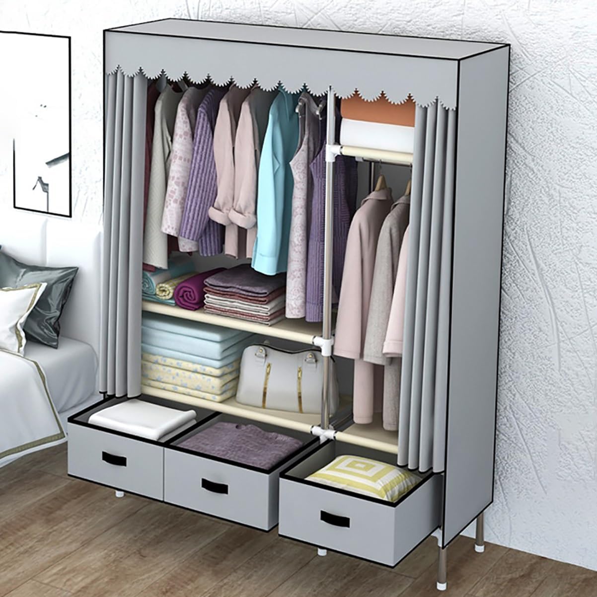 Garment Rack Heavy Duty Clothes Rack With Cover Freestanding Metal Clothing Rack Portable Closet Wardrobe With 2 Hanging Rods And 3 Drawers For Bedroom (Color : Gray A, Size : 125x45x168cm)