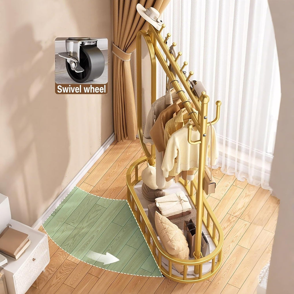 Clothes Rack With Mirror & Storage Basket,Garment Racks With Wheel,Large Metal Rolling Clothing Racks For Hanging Clothes,Shirts Jeans And Coats(Gold,80cm/31.5in)