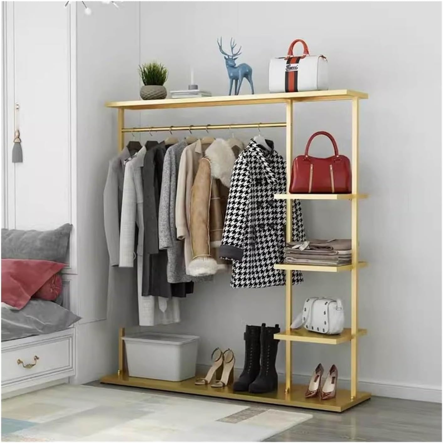Metal Clothes Rack with 5-Tier Shelves, Heavy Duty Free-Standing Garment Racks Clothing Rack with Shelves Clothes Organizer for Boutique Store(Gold,100x35x155cm)