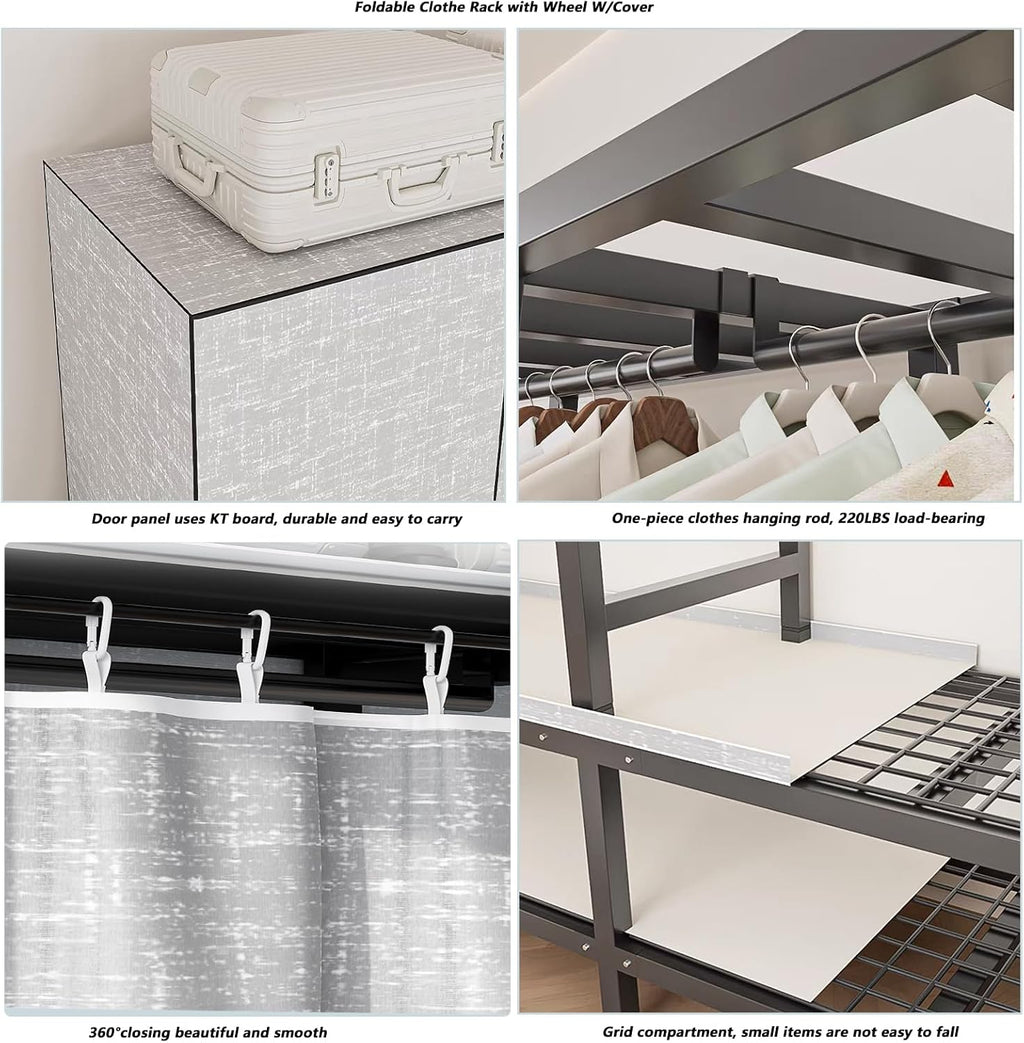 Heavy-Duty Portable Closet Wardrobe on Wheels - Foldable Metal Clothing Rack with Cover, Freestanding Armoire Storage System, Rolling Garment Rack