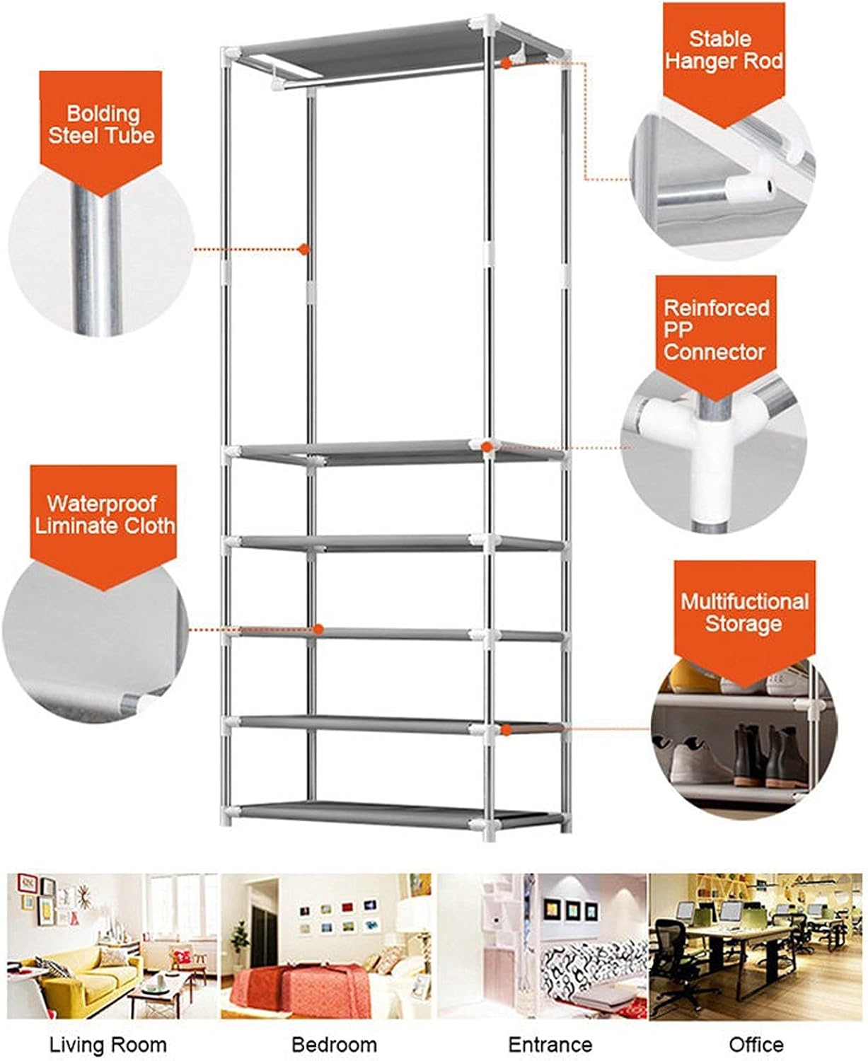 Clothes Organizer Free-Standing Closet Garment Rack Metal Rod Clothes Wardrobe Metal Rod Clothes Rack Closet Storage Organizer （Without Cover） Portable Closet