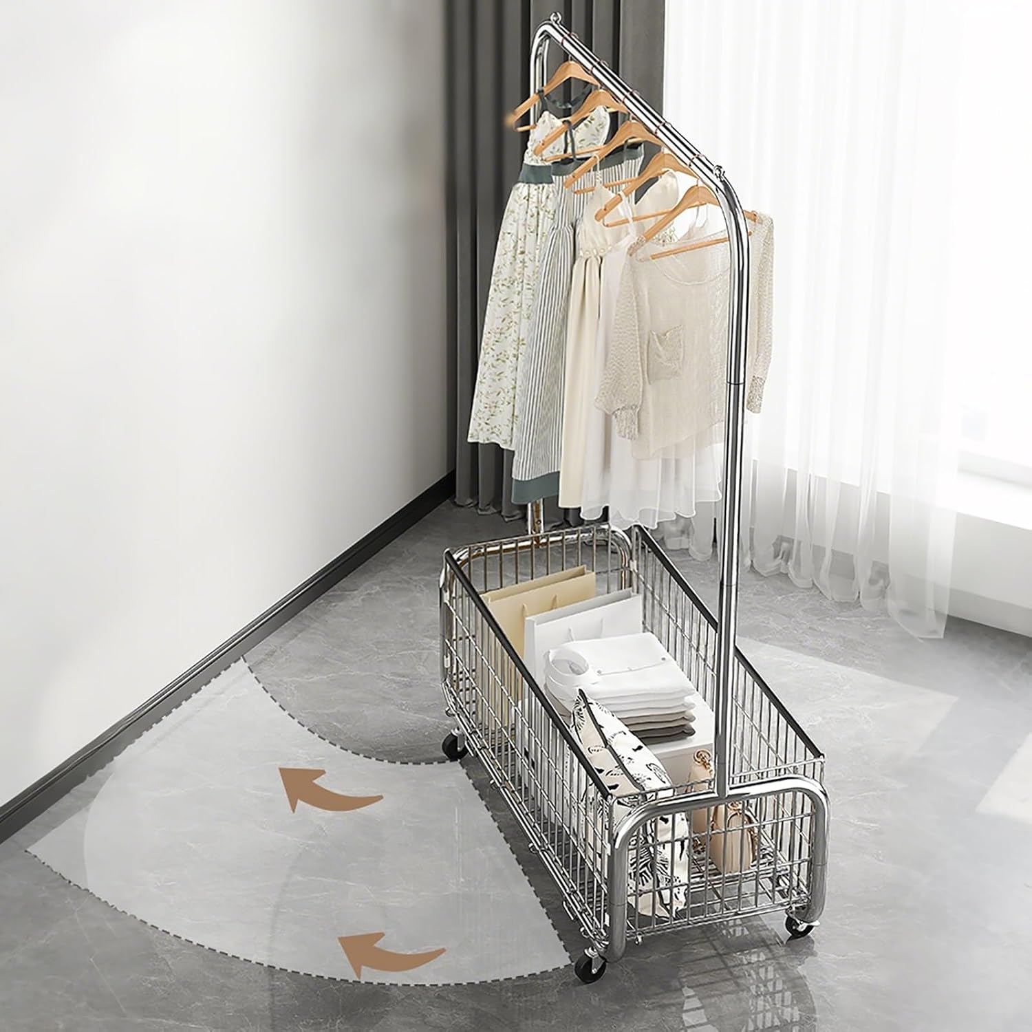 Clothes Rack With Storage Basket,Garment Racks With Wheel,Large Metal Rolling Clothing Racks For Hanging Clothes,Shirts Jeans And Coats(White,80cm/31.5in)