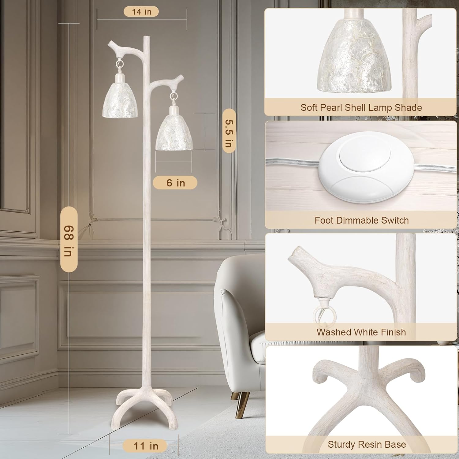 68' Washed White Rustic Floor Lamp with Soft Pearl Shell Lamp Shade for Living Room, Standing Lamp for Bedroom, Farmhouse Floor Lamp Stepless Dimmable Tree Trunk Tall Lamp for Bedroom (Bulb Included)