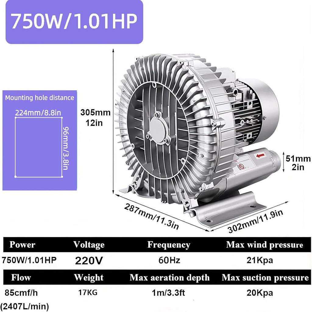 Vortex Ring Blower, 110v 60hz 120W-1100W Regenerative Blower,High-Pressure Industrial Vacuum Pump, Single-Phase Fish Pond Ring Vacuum Pressure Blowers for Air Blowing Or Suction (250W/0.33HP)
