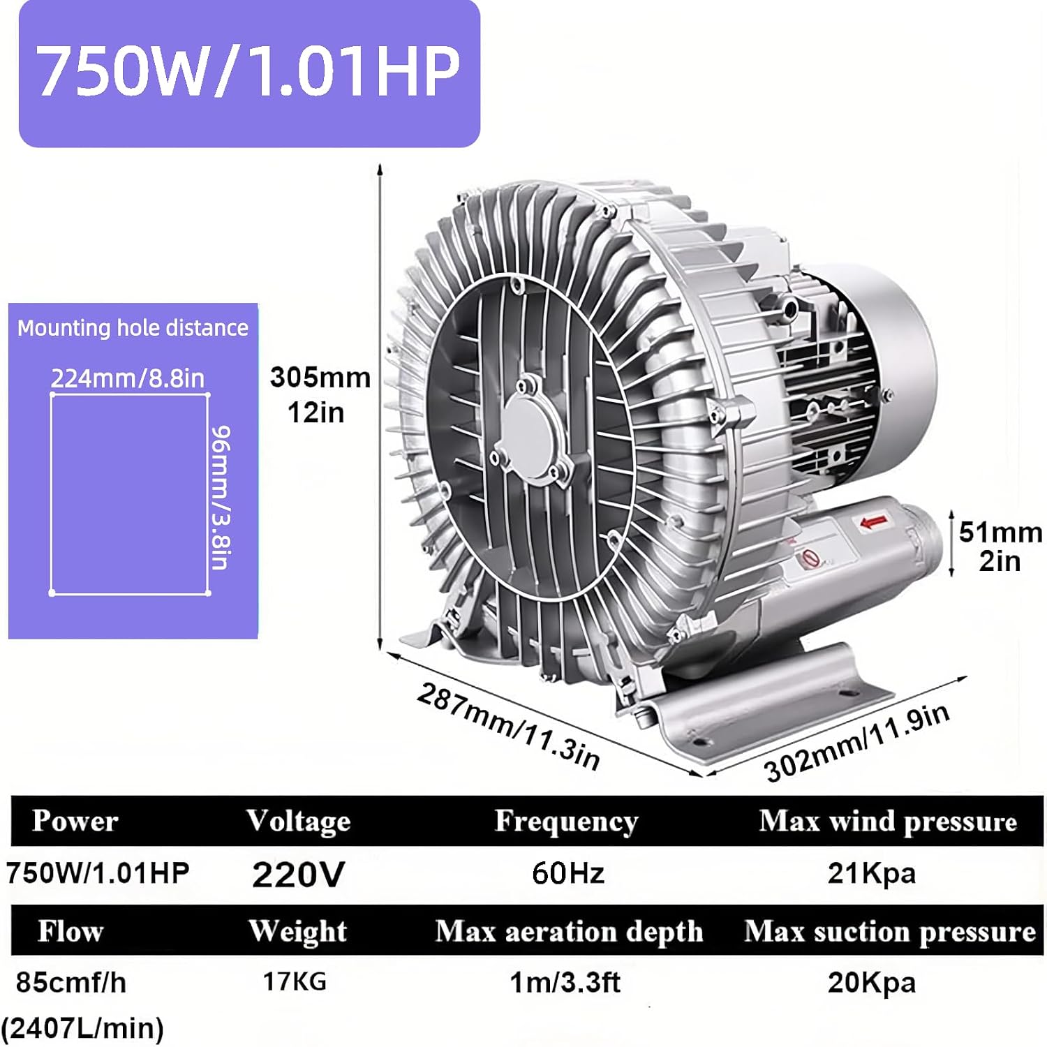 Vortex Ring Blower, 110V 60Hz Regenerative Blower, High Pressure Industrial Vacuum Pump, Single Phase Fish Pond Air Blower for Blowing or Suction, 250W 0.33HP