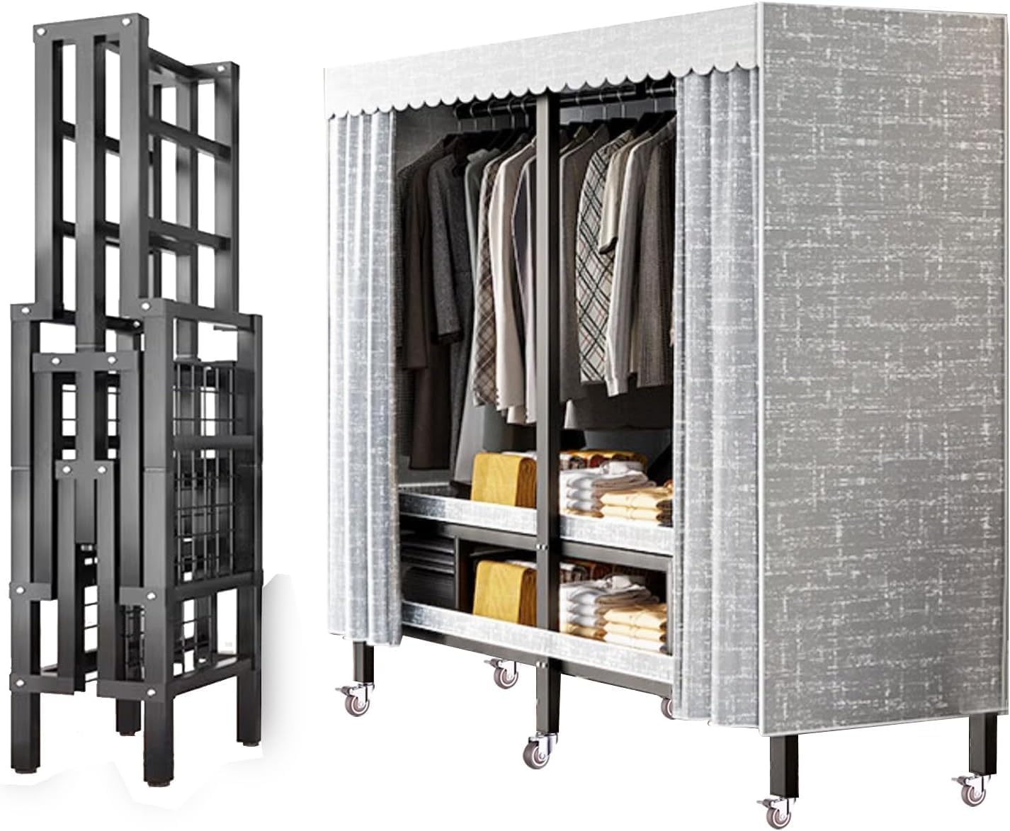 Heavy Duty Metal Clothing Rack With Wheel Max 2000lbs Foldable Covered Garment Rack Freestanding Armoires Portable Wardrobe Closets For Bedroom, 2 Hanging Rods,cotton Cover (Size : 59in)