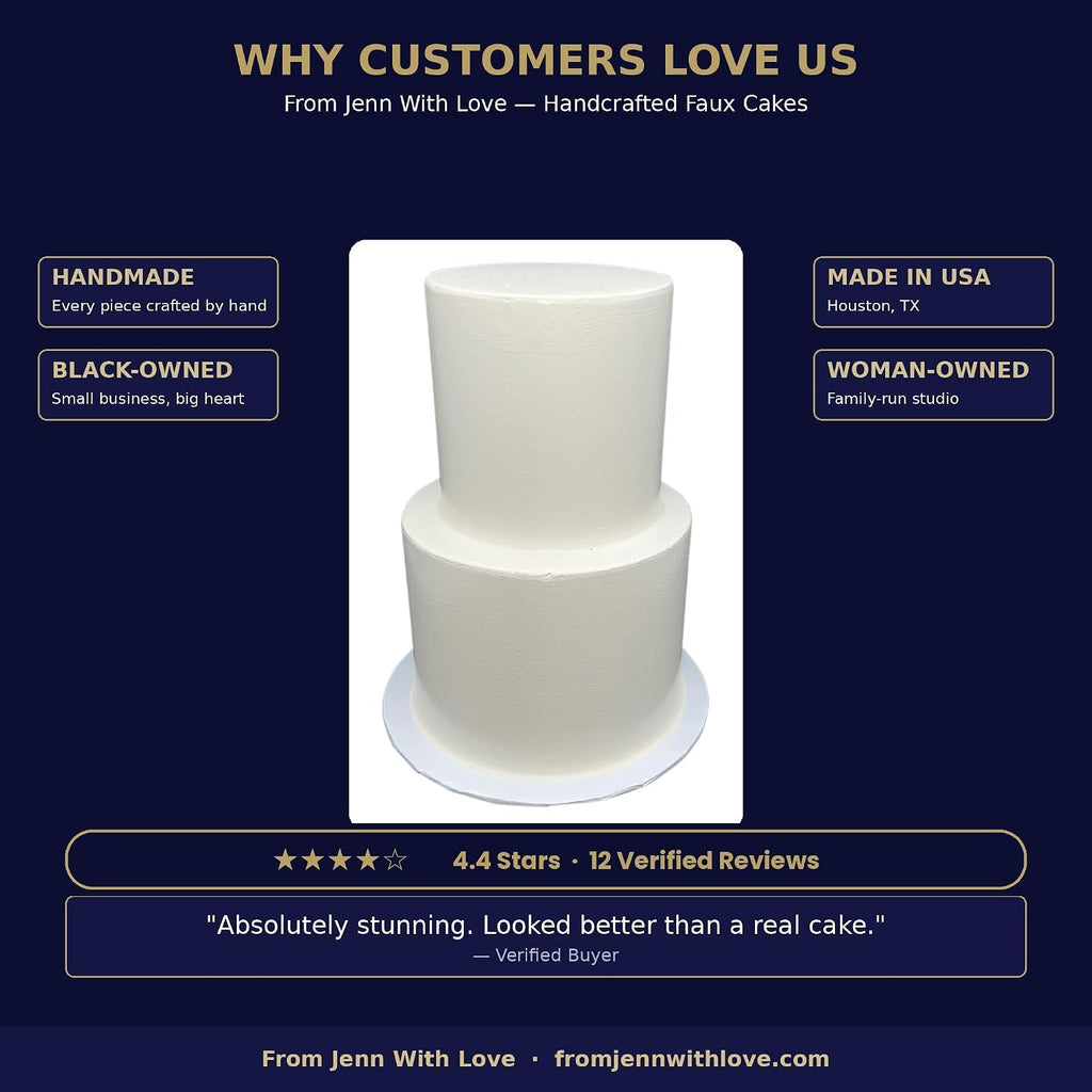 FromJennWithLove 2 Tier Fake Wedding Cake, 12' Tall Handcrafted Ivory Display Cake – 4-Day Artisan Process, Made in USA – Reusable Centerpiece for Weddings & Bridal Showers