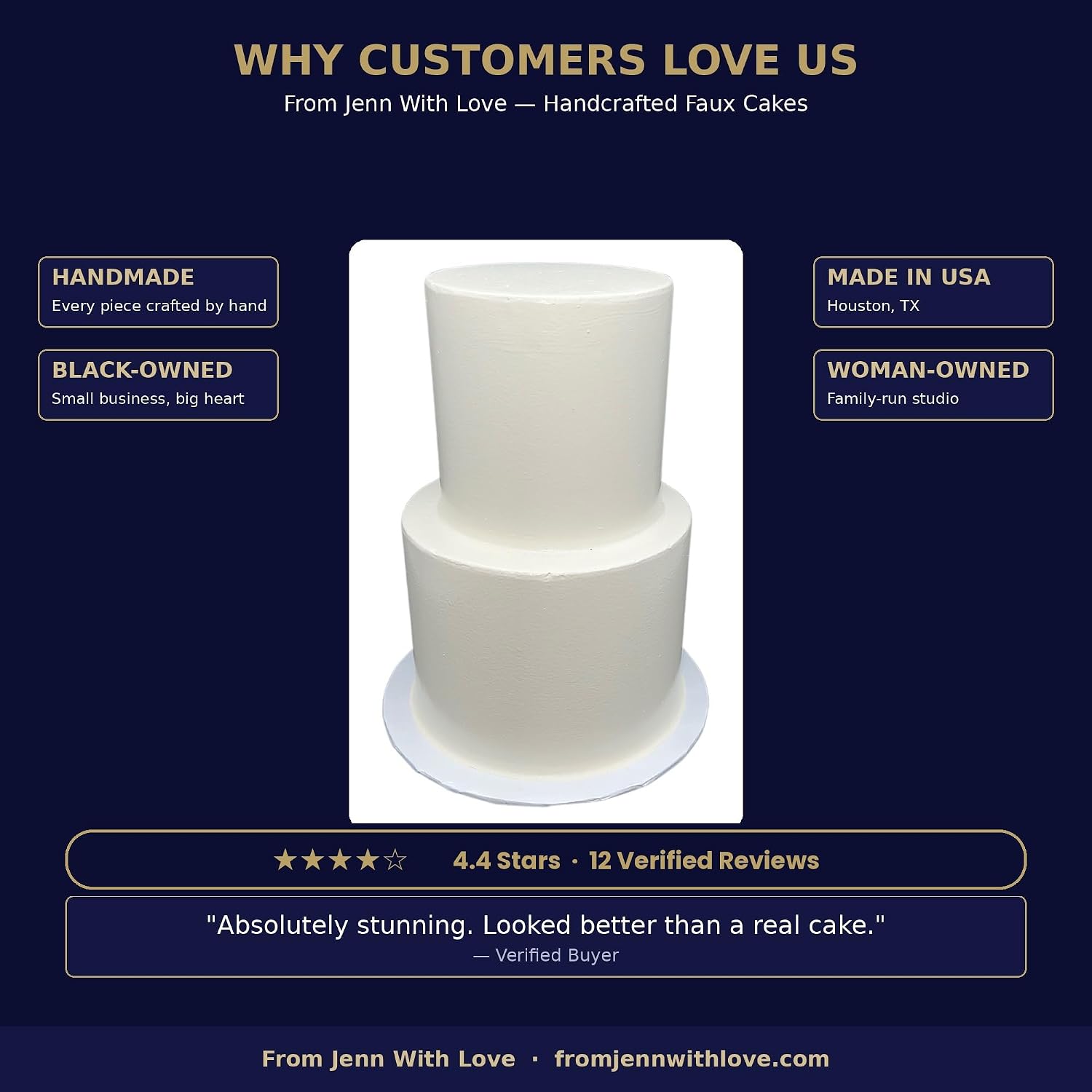 FromJennWithLove 2 Tier Fake Wedding Cake, 12' Tall Handcrafted Ivory Display Cake – 4-Day Artisan Process, Made in USA – Reusable Centerpiece for Weddings & Bridal Showers