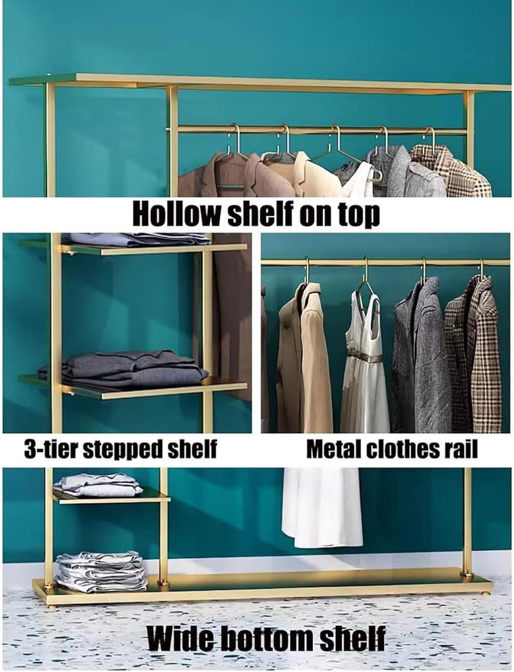 Hangers Display Stand - Garment Rack With Shelf, Metal Clothing Rack Free Standing Closet Organizer With 5 Tier Shelf,Large Clothing Display Stand For Home, Clothing Stores Organizer Shelf(Color:Gold)