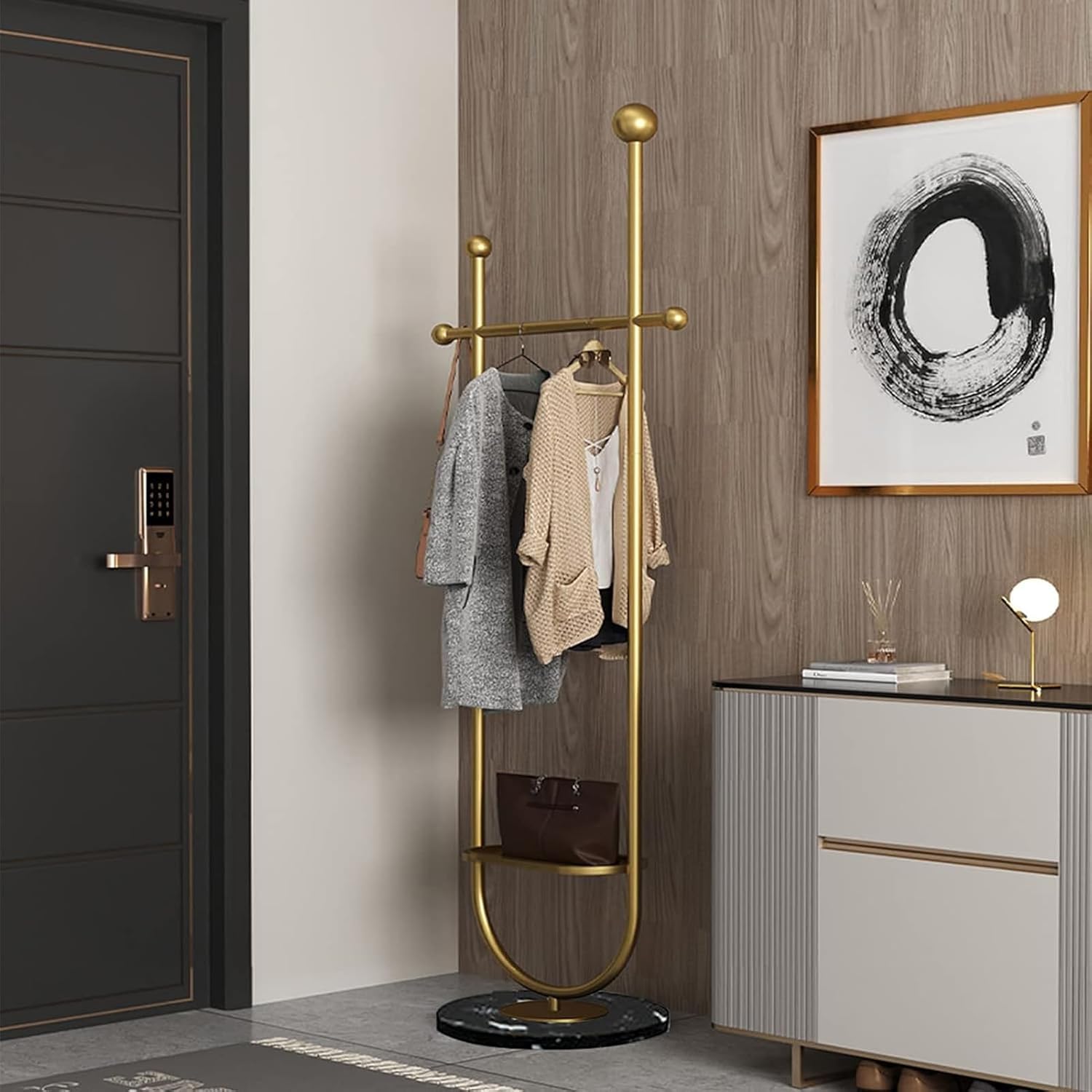 Heavy Duty Garment Rack Modern Gold Coat Racks Freestanding for Hanging Clothes,Heavy-Duty Metal Clothing Rack with Marble Base, for Bedroom, Living Room, Boutiques,12.6x74 Inches