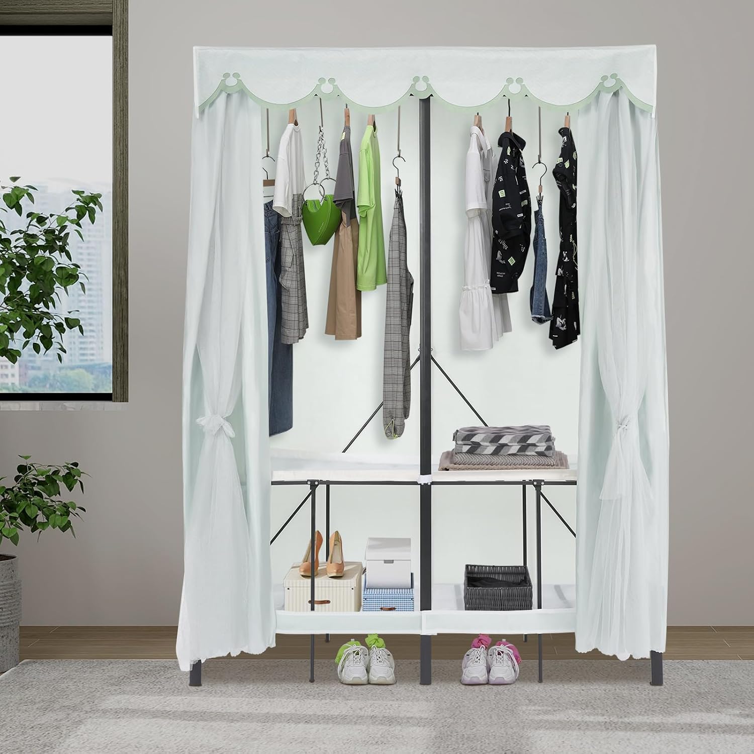 Portable Wardrobe Closet Rack, 1102lbs Heavy-Duty Foldable Garment Racks with Cover, Enclosed Curtain Armoires, for Hanging Clothes, Bedroom, 50 x 20.47 x 67.72inch