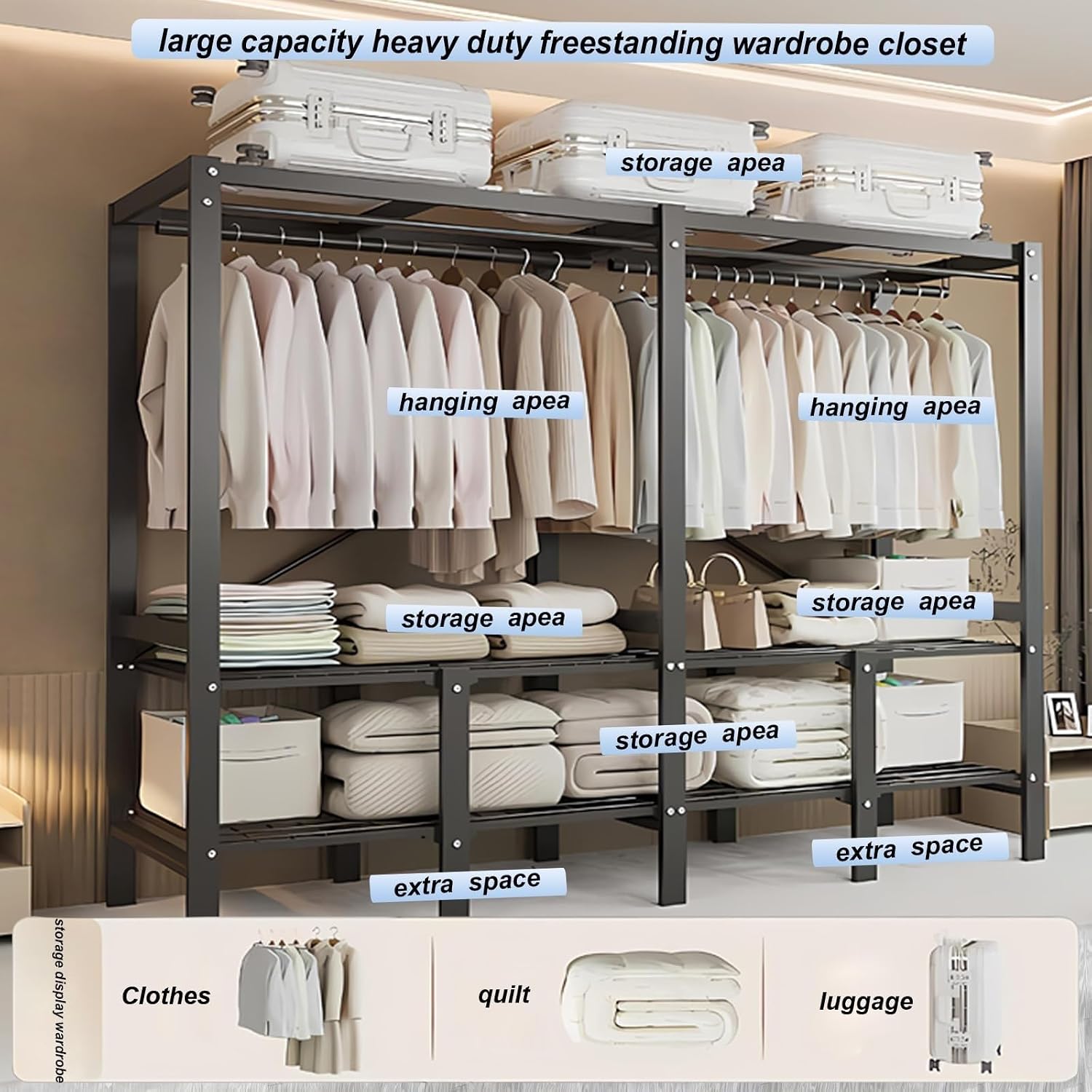 Heavy Duty Foldable Closet Rack With Cover, Large Capacity Portable Wardrobe Closet For Hanging Clothes, Max Load 1200lbs, Metal Freestanding Armoires Wardrobe Hanger Clothes Organizer(125cm/49.2in)