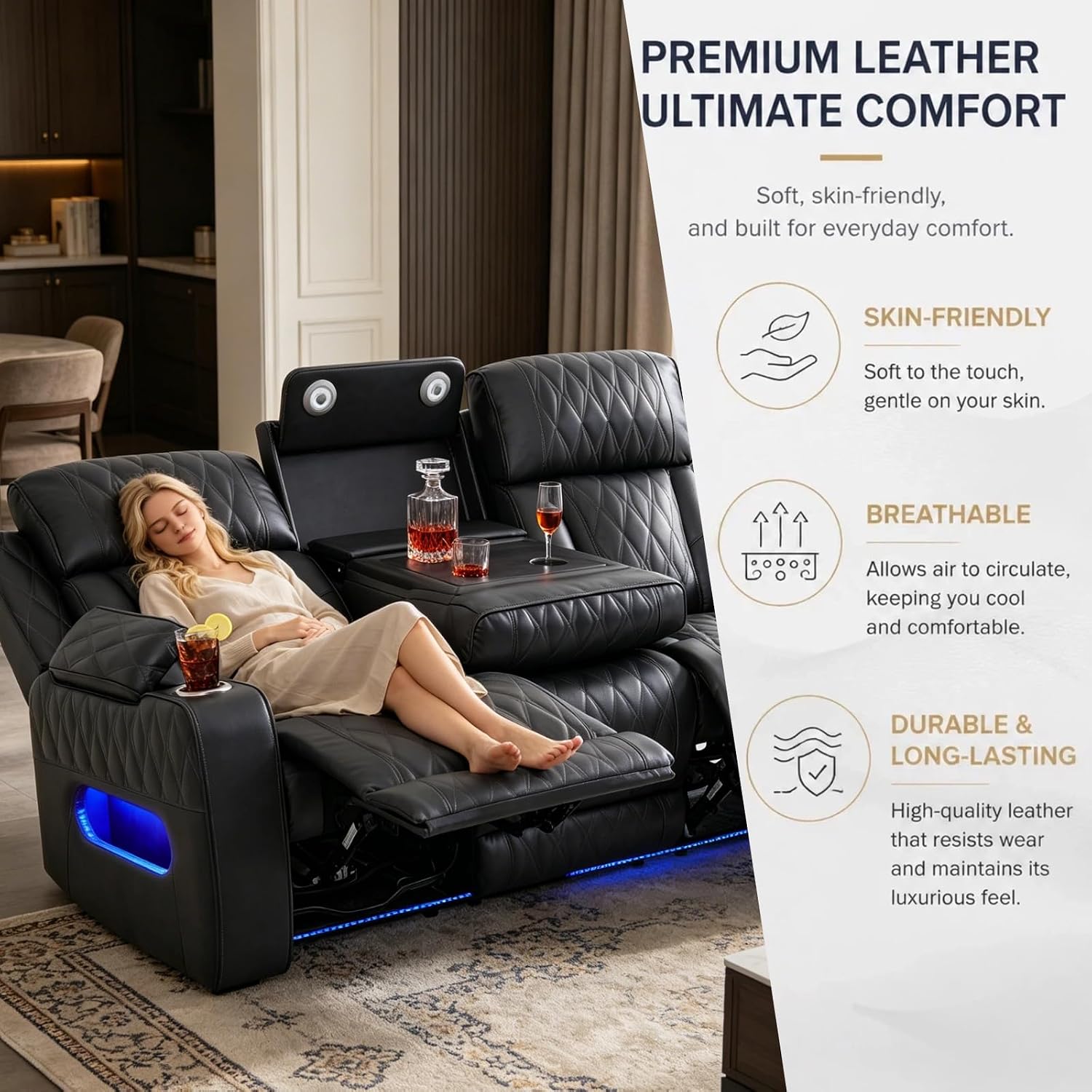 Air Leather Power Reclining Sofa Set with Speakers, LED Ambient Light, USB Charging Ports & Storage Storage, Electric Recliner Couches for Living Room Home Theater Apartment