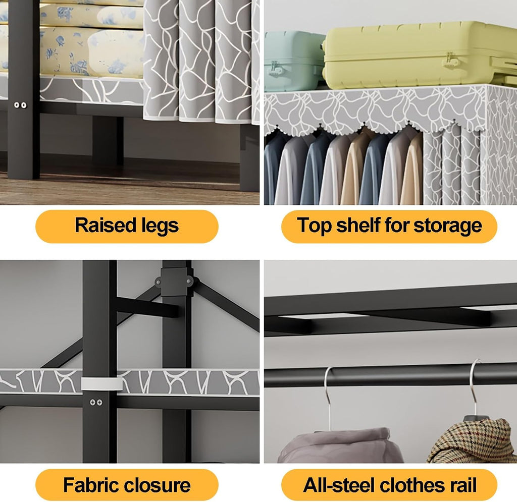 Heavy Duty Clothes Rack With Cover Foldable Wardrobe Closet For Hanging Clothing Metal Garment Rack Freestanding Covered Armoire For Bedroom(F,250cm/98.4in)