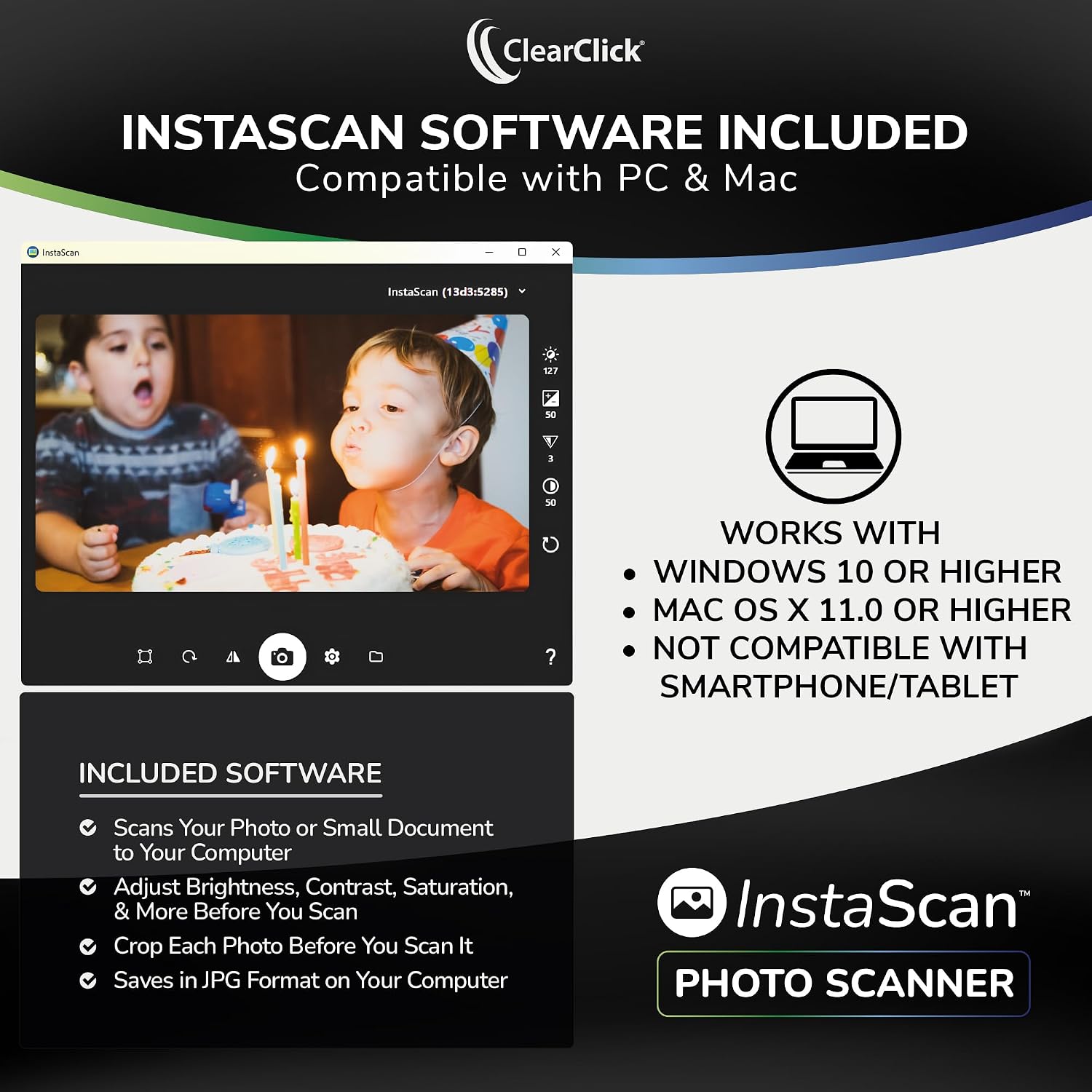 ClearClick InstaScan Photo Scanner for PC & Mac - Scans Each Photo Virtually Instantly - Compatible with 4x6, 5x7, & Smaller Photos - No Drivers Required - USB-C Connection [300 DPI Scanning Quality]