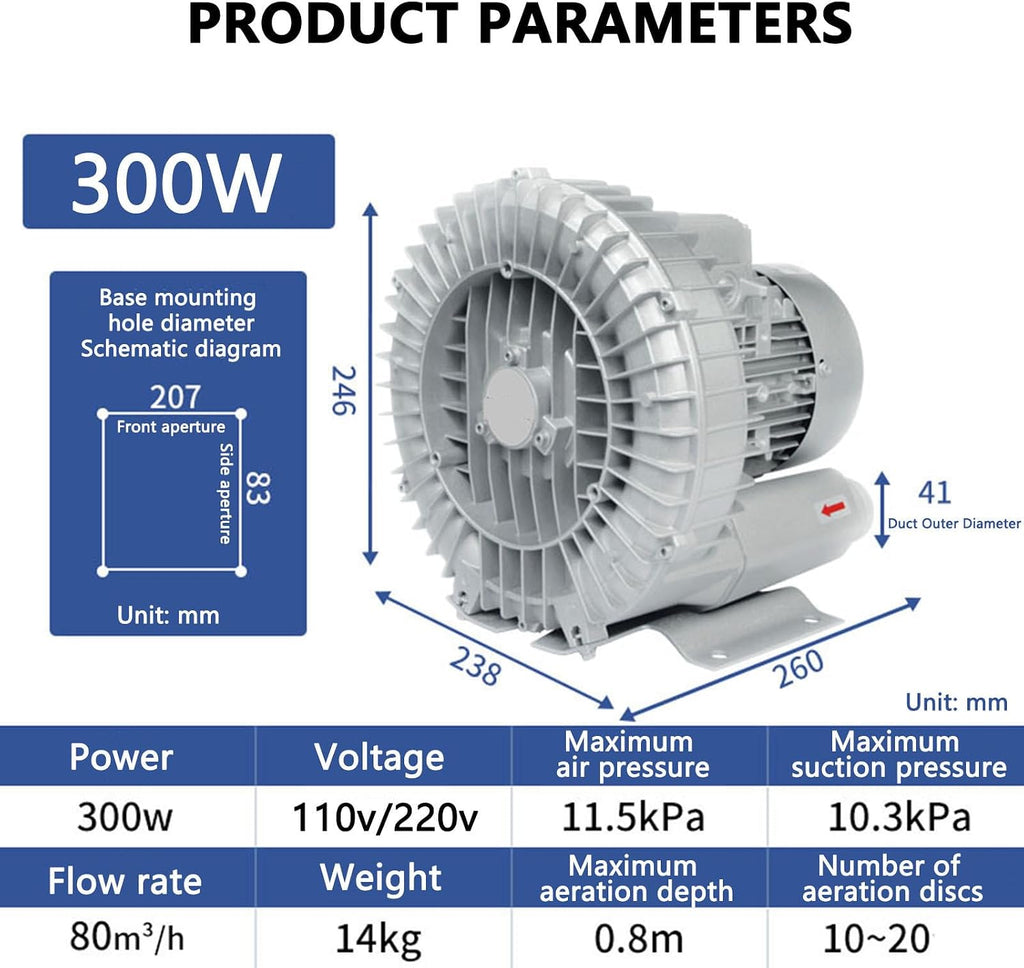 0.41HP 300W Regenerative Blower, 50Hz Single Phase, Powerful Air Blowing & Suction, 180W to 1500W Options, Versatile for Industrial & Home Use