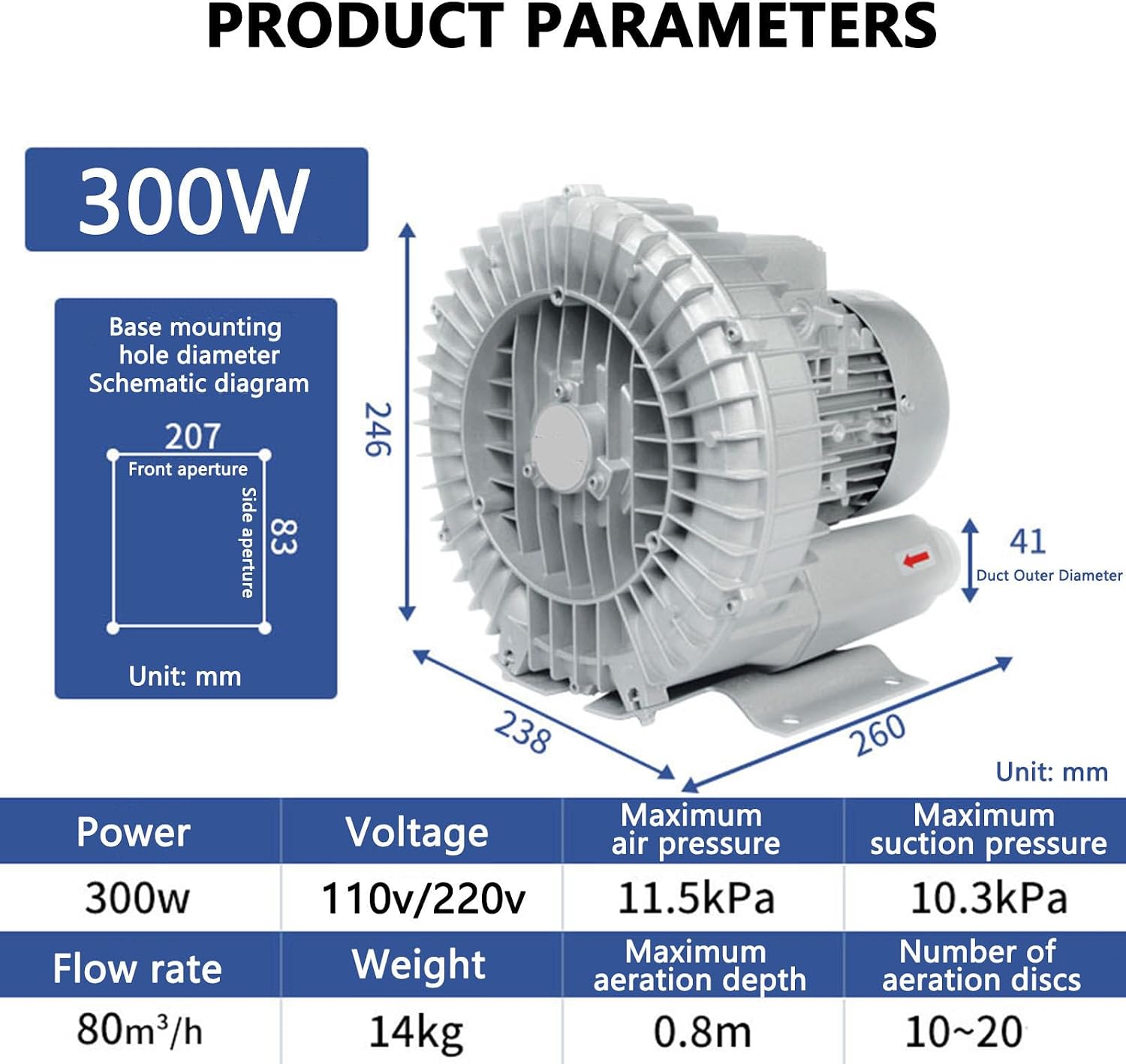 0.41HP 300W Regenerative Blower, 50Hz Single Phase, Powerful Air Blowing & Suction, 180W to 1500W Options, Versatile for Industrial & Home Use