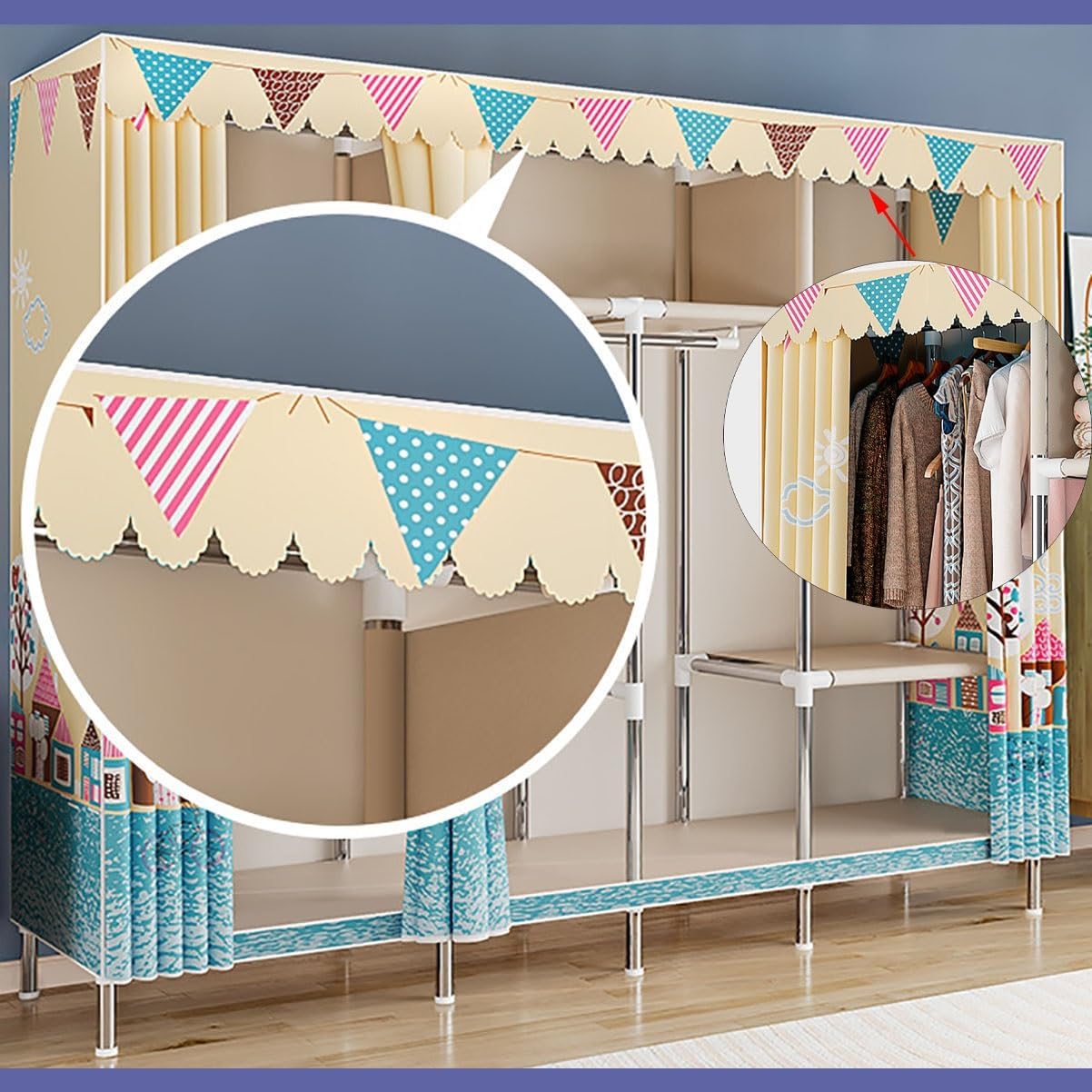 Free Standing Heavy Duty Wardrobe Closet for Bedroom 3 Tiers Garment Racks with Cover Metal Large Clothing Rack for Hanging Clothes (Color : Blue-3, Size : 245x45x172cm)