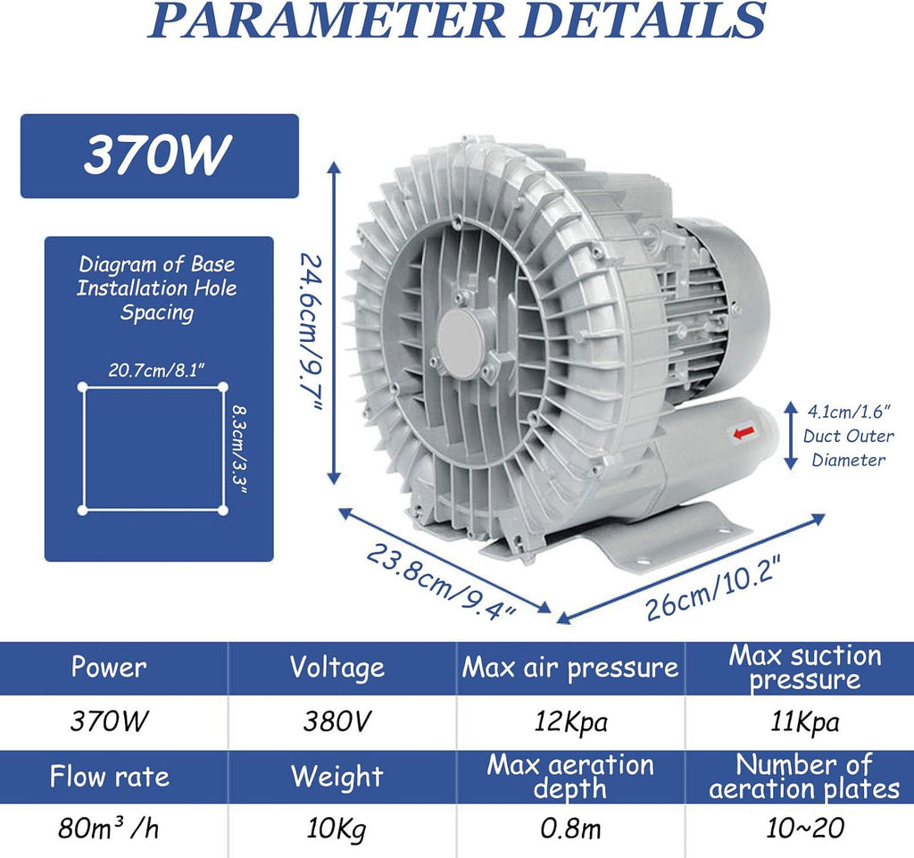 370-1500W Regenerative Blower 220V Three Phase, Vortex Ring Blower, Industrial Vacuum Pump for Air Blowing Or Suction, Three Turbine Blower,370W