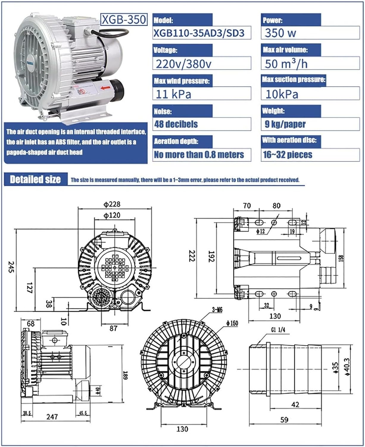 High-Pressure Vortex Ring Blower 480V Three-phase Regenerative Blower for Industrial Construction Textile & Fish Pond Aeration(350w/380v)