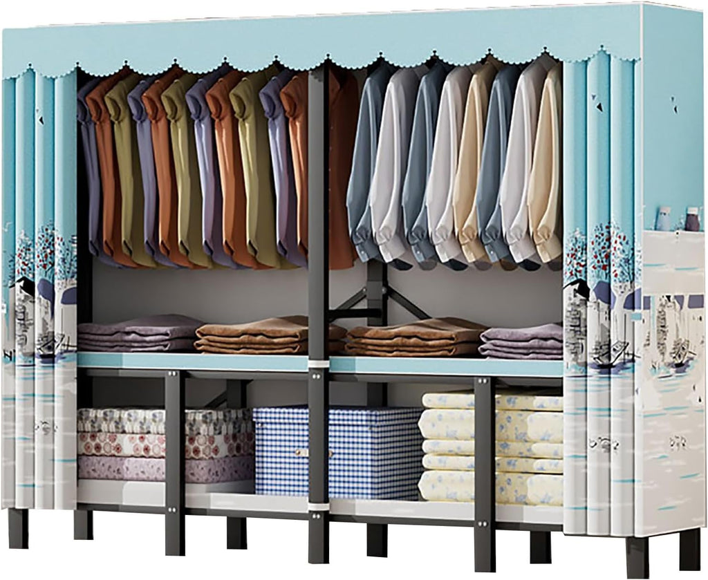 Heavy Duty Clothes Rack With Cover Foldable Wardrobe Closet For Hanging Clothing Metal Garment Rack Freestanding Covered Armoire For Bedroom(D,221cm/87in)