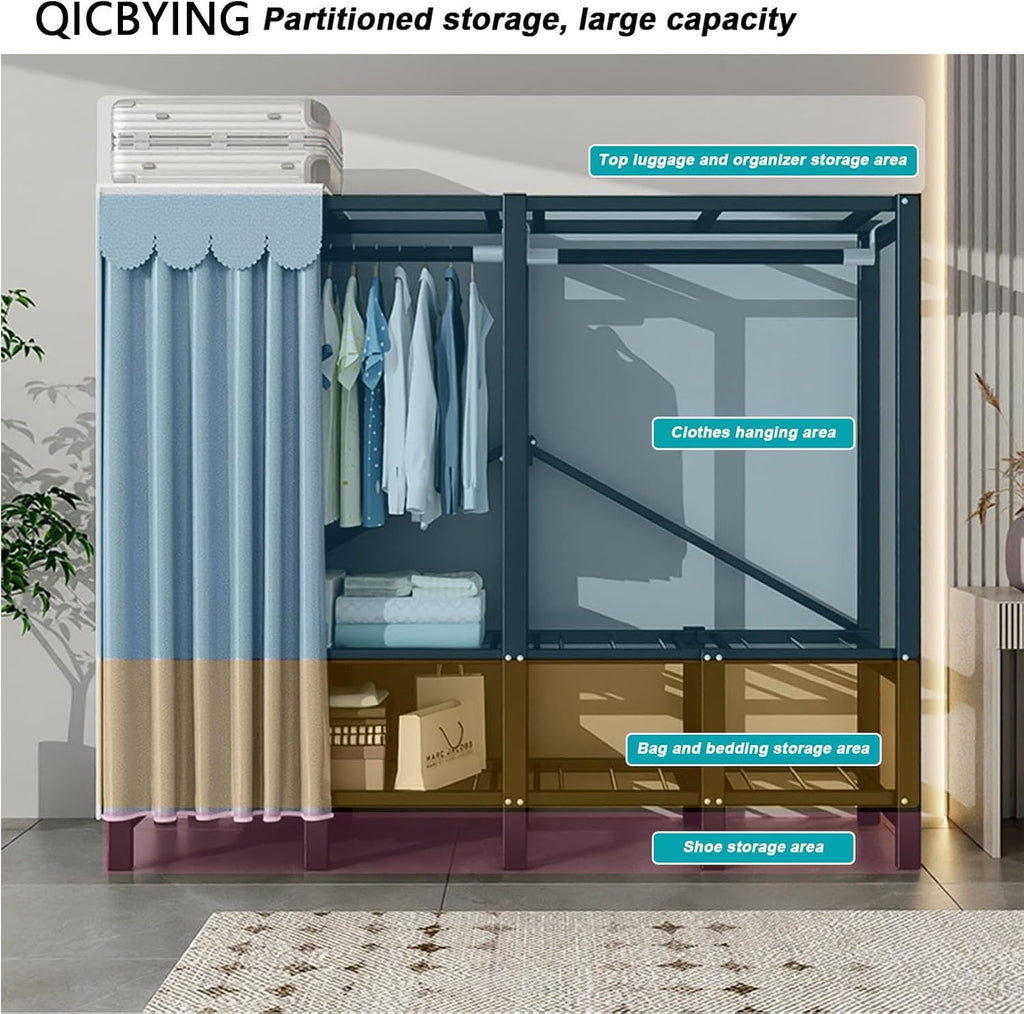 Portable Wardrobe Closet Rack, Heavy-Duty Foldable Garment Rack With Cover，Freestanding Clothes Organizer System,enclosed Curtain Armoires For Hanging Clothes For Bedroom ( Size : 168*50*170cm )