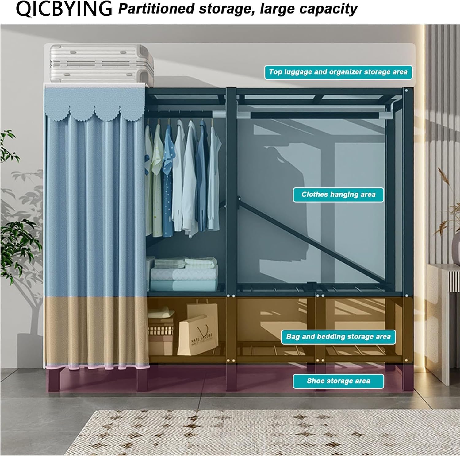 Portable Wardrobe Closet Rack, Heavy-Duty Foldable Garment Rack With Cover，Freestanding Clothes Organizer System,enclosed Curtain Armoires For Hanging Clothes For Bedroom ( Size : 168*50*170cm )