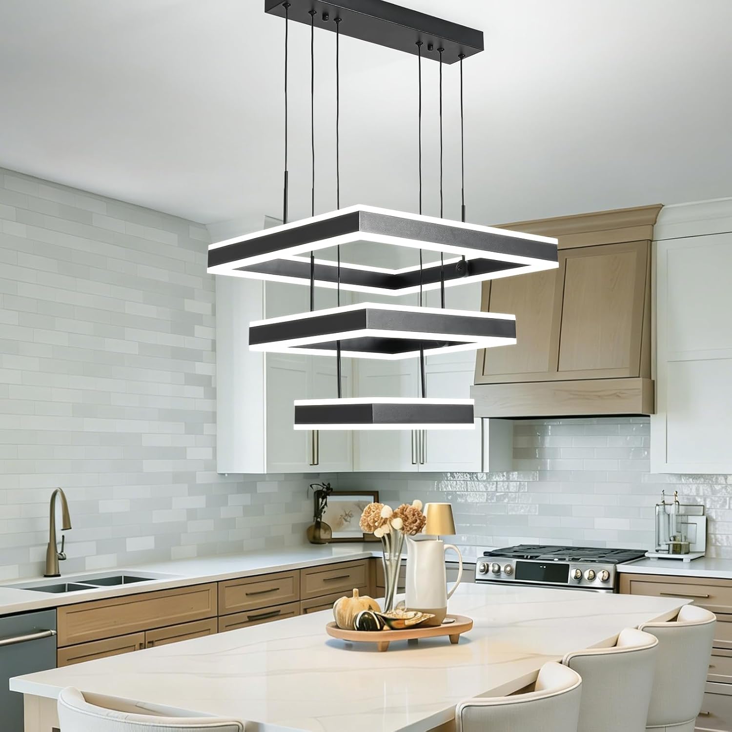 O'NEELDY LED Pendant Light Fixture, 20.47'' Modern Chandelier Square Rings Adjustable Height Black Pendant Lighting 3 Lights Kitchen Island Chandeliers for Dining Room, 6000K